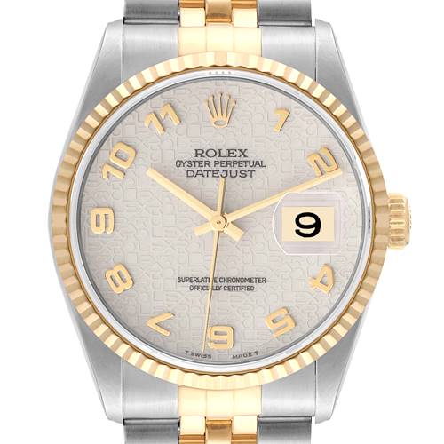 The image shows a front view of a Rolex Datejust watch, highlighting the dial, bezel, crown, and part of the bracelet.