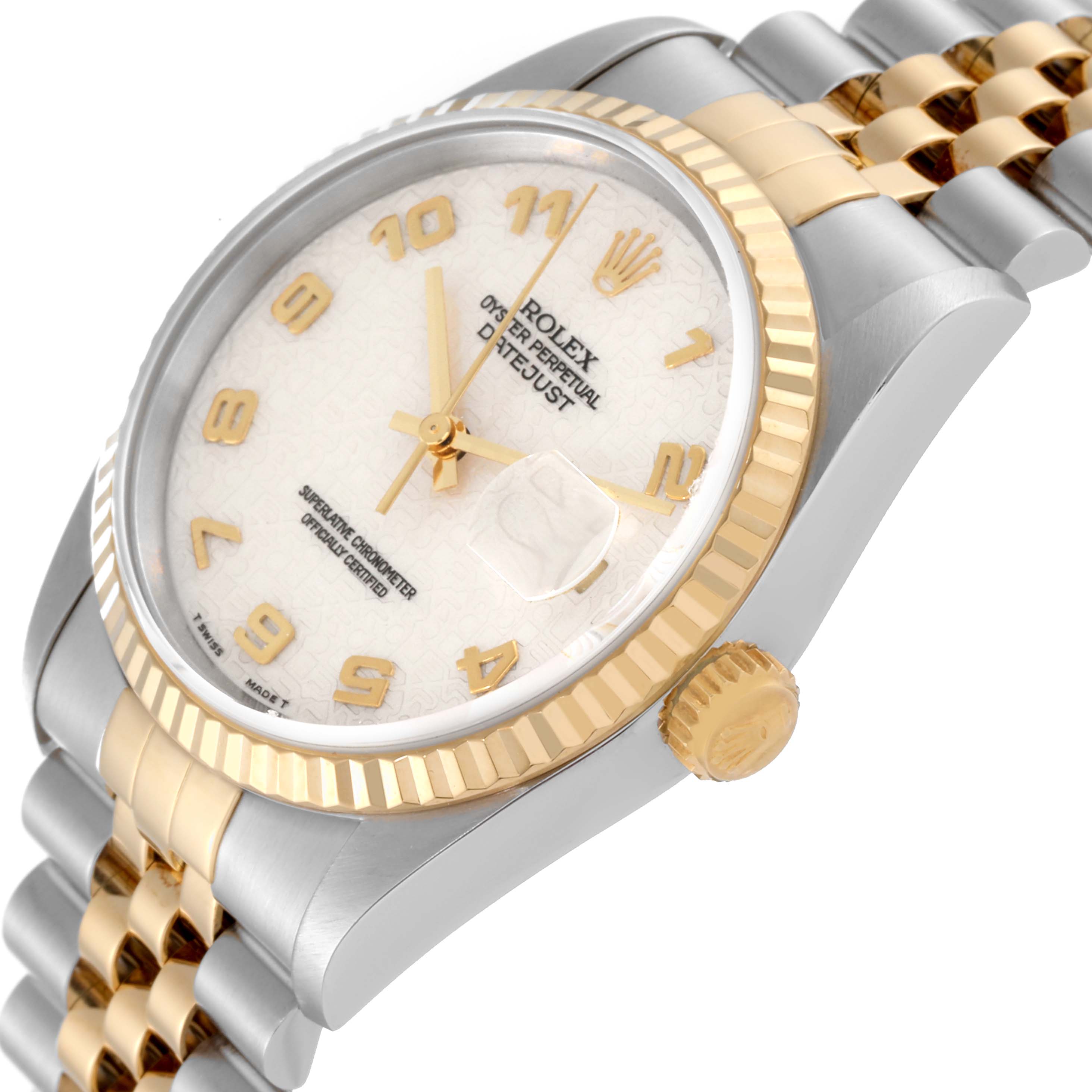 This image shows a side angle of the Rolex Datejust 16233 Men's Steel and Gold (two tone) Beige Dial 16233 Men's Steel and Gold (two tone) Beige Dial watch, highlighting the bezel, crown, and part of the bracelet.