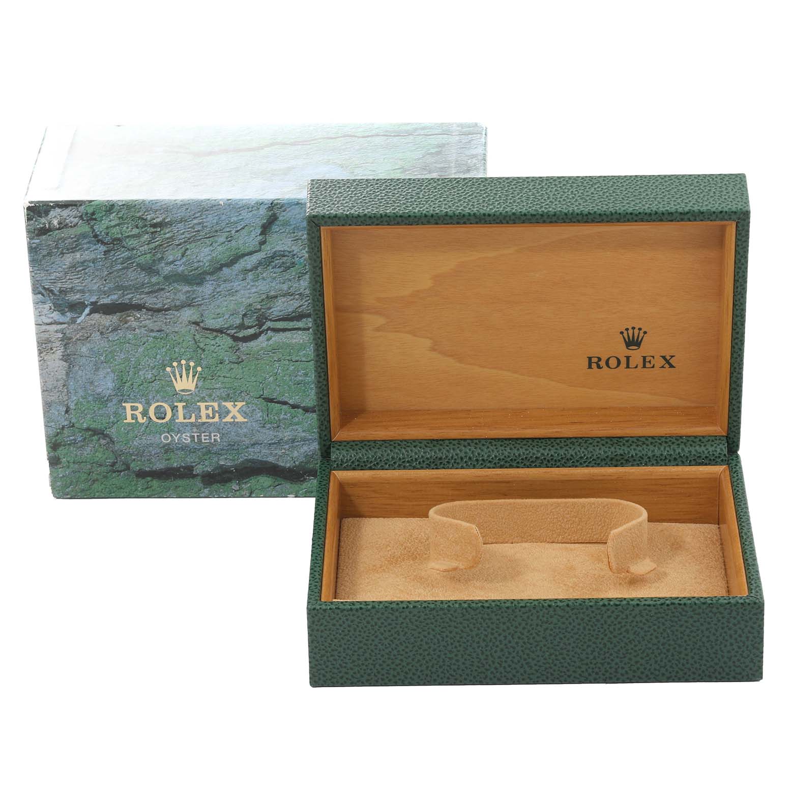 The image shows an open Rolex Datejust 16233 Men's Steel and Gold (two tone) Beige Dial 16233 Men's Steel and Gold (two tone) Beige Dial watch box and its outer packaging with the Rolex logo.