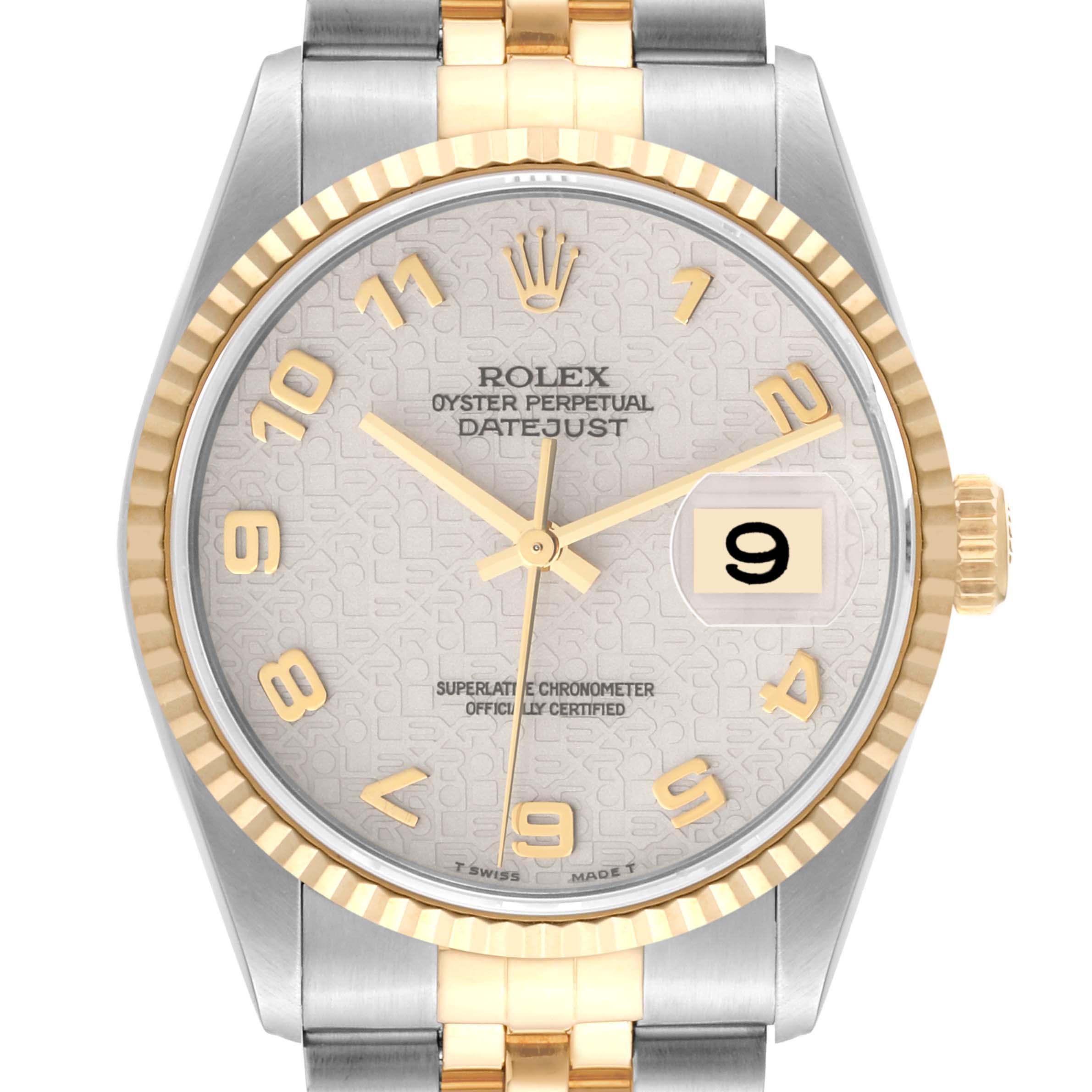 This Rolex Datejust 16233 Men's Steel and Gold (two tone) Beige Dial 16233 Men's Steel and Gold (two tone) Beige Dial watch is shown from the front, displaying the dial, bezel, and partial bracelet.