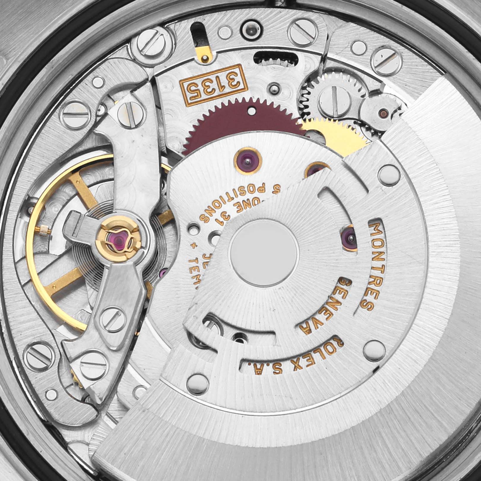 This image shows the intricate movement and mechanical parts of a Rolex Datejust 16233 Men's Steel and Gold (two tone) Beige Dial 16233 Men's Steel and Gold (two tone) Beige Dial watch from a close-up, internal angle.