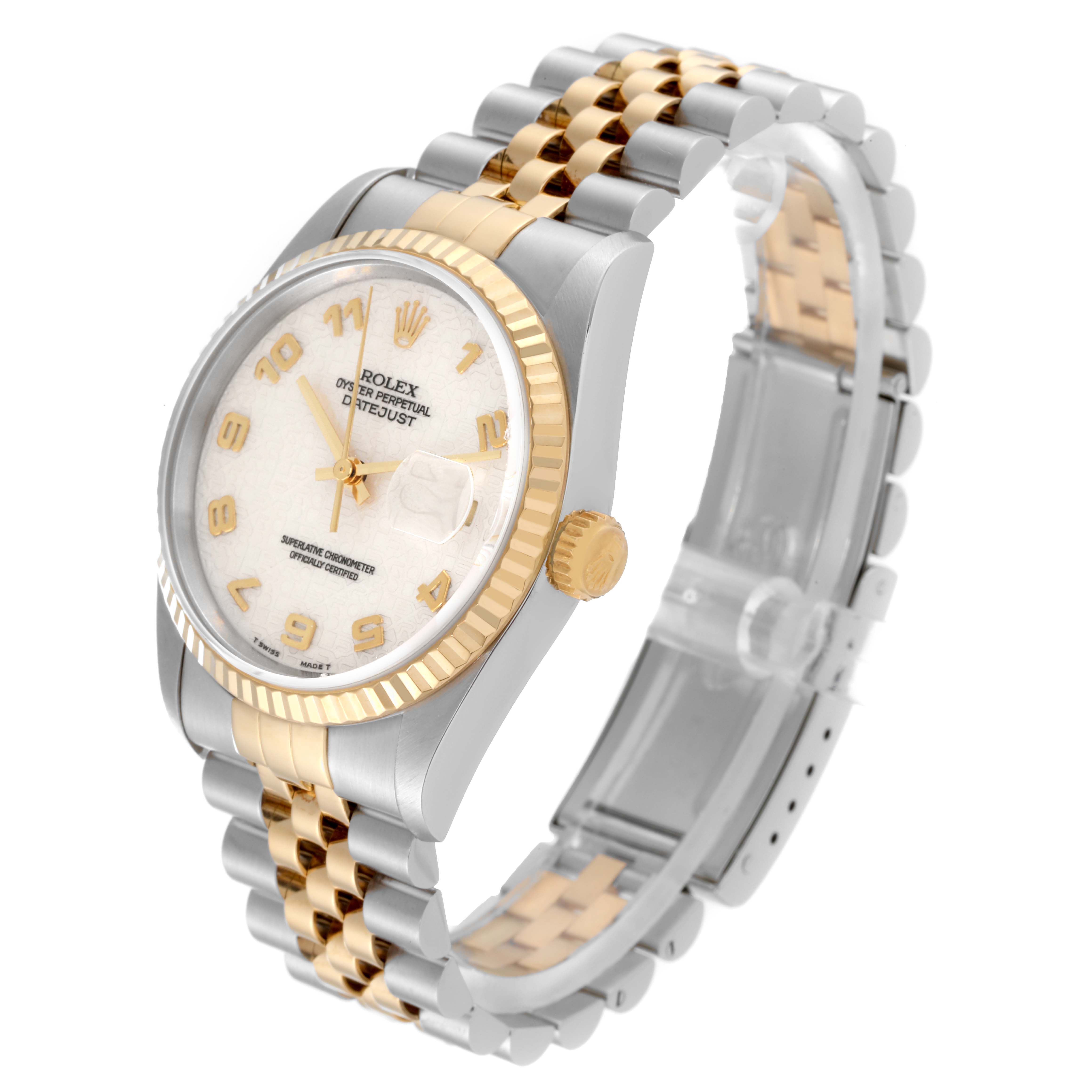 The Rolex Datejust 16233 Men's Steel and Gold (two tone) Beige Dial 16233 Men's Steel and Gold (two tone) Beige Dial watch is shown at a three-quarter angle, highlighting its dial, bracelet, and crown.