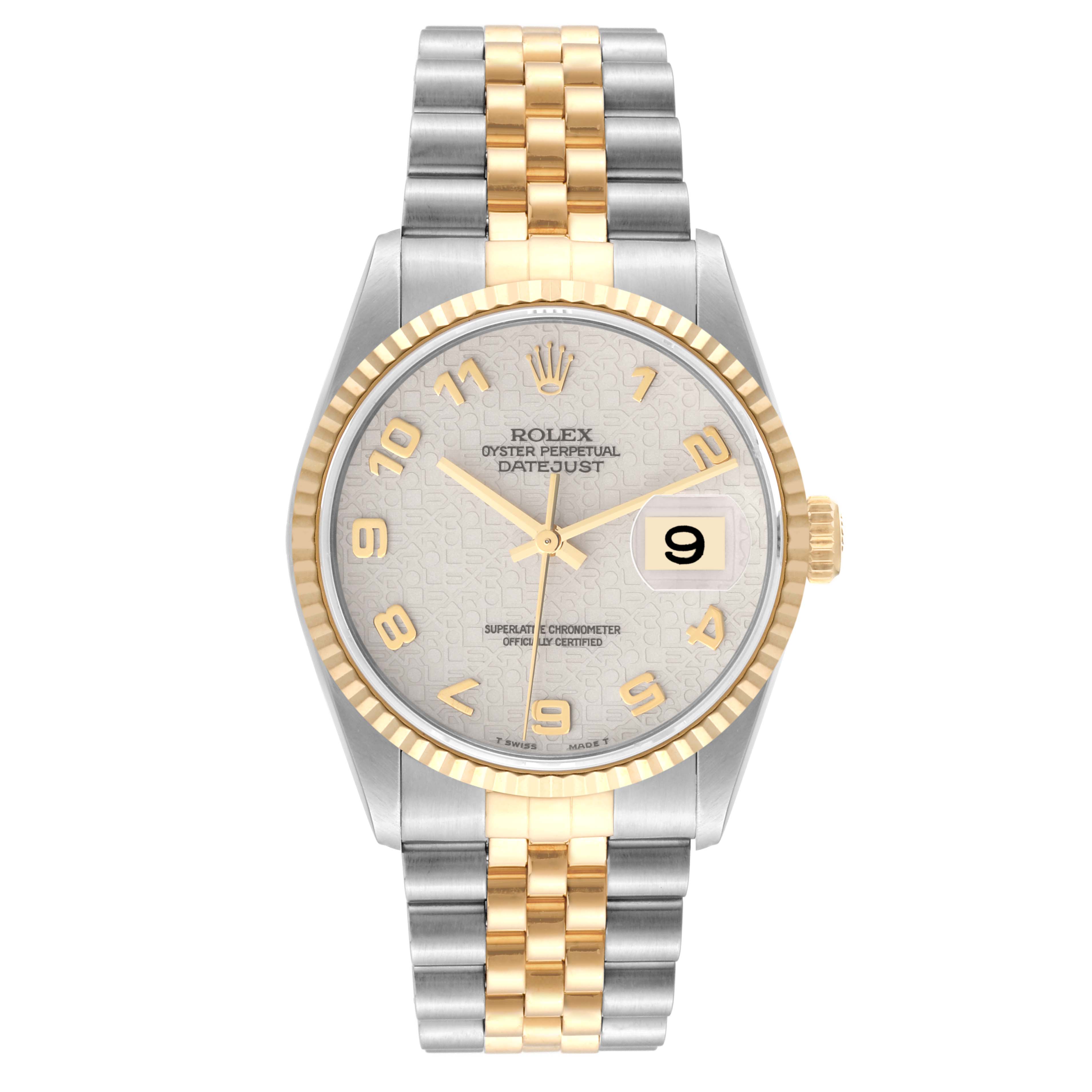 The image shows a frontal view of a Rolex Datejust 16233 Men's Steel and Gold (two tone) Beige Dial 16233 Men's Steel and Gold (two tone) Beige Dial, featuring a two-tone bracelet, fluted gold bezel, and a date display.