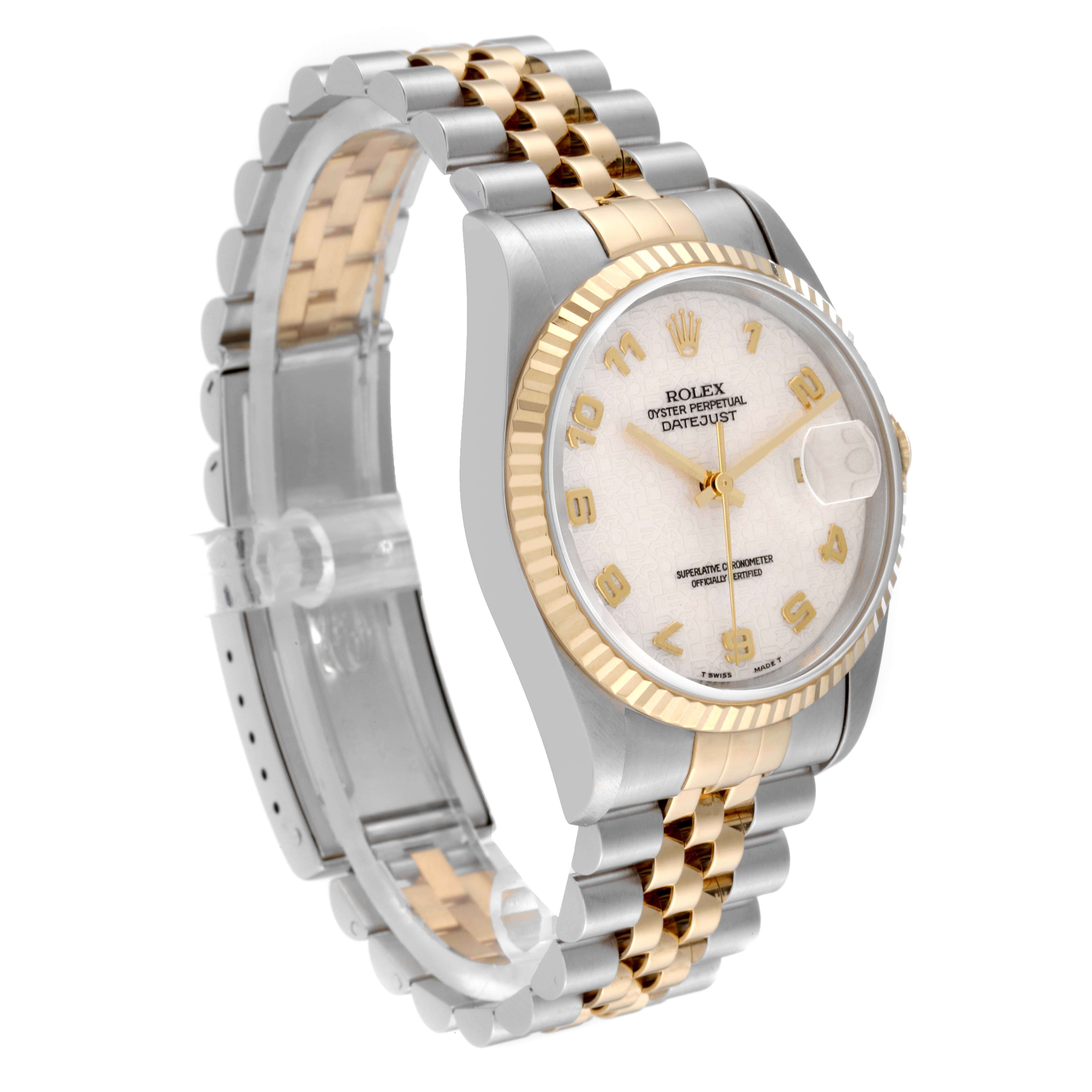 The Rolex Datejust 16233 Men's Steel and Gold (two tone) Beige Dial 16233 Men's Steel and Gold (two tone) Beige Dial watch is shown at a slight angle, displaying the dial, bezel, case, and two-tone bracelet.