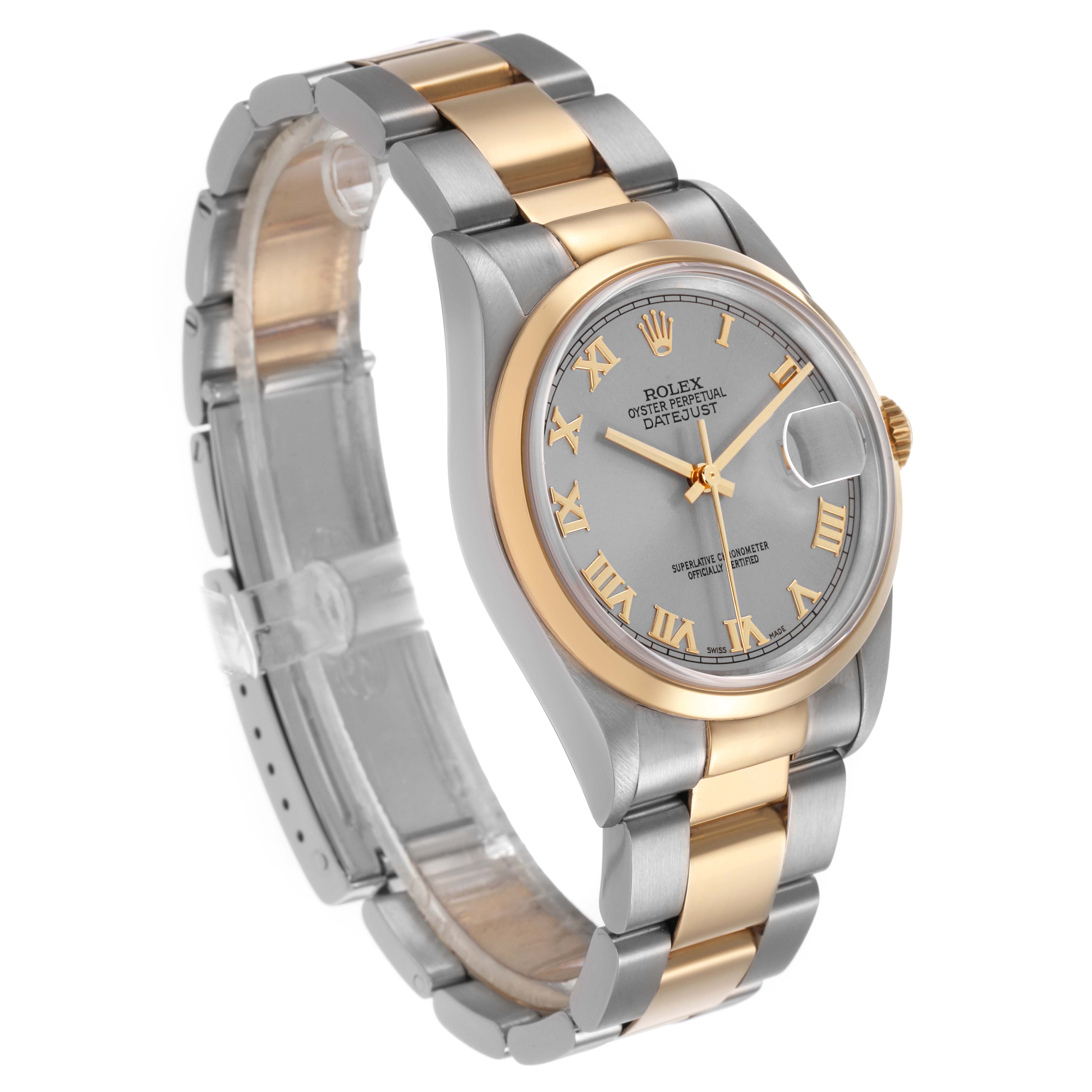 The Rolex Datejust 16203 Men's Steel and Gold (two tone) Silver Dial watch is shown from a three-quarter angle highlighting the face, bezel, and bracelet.