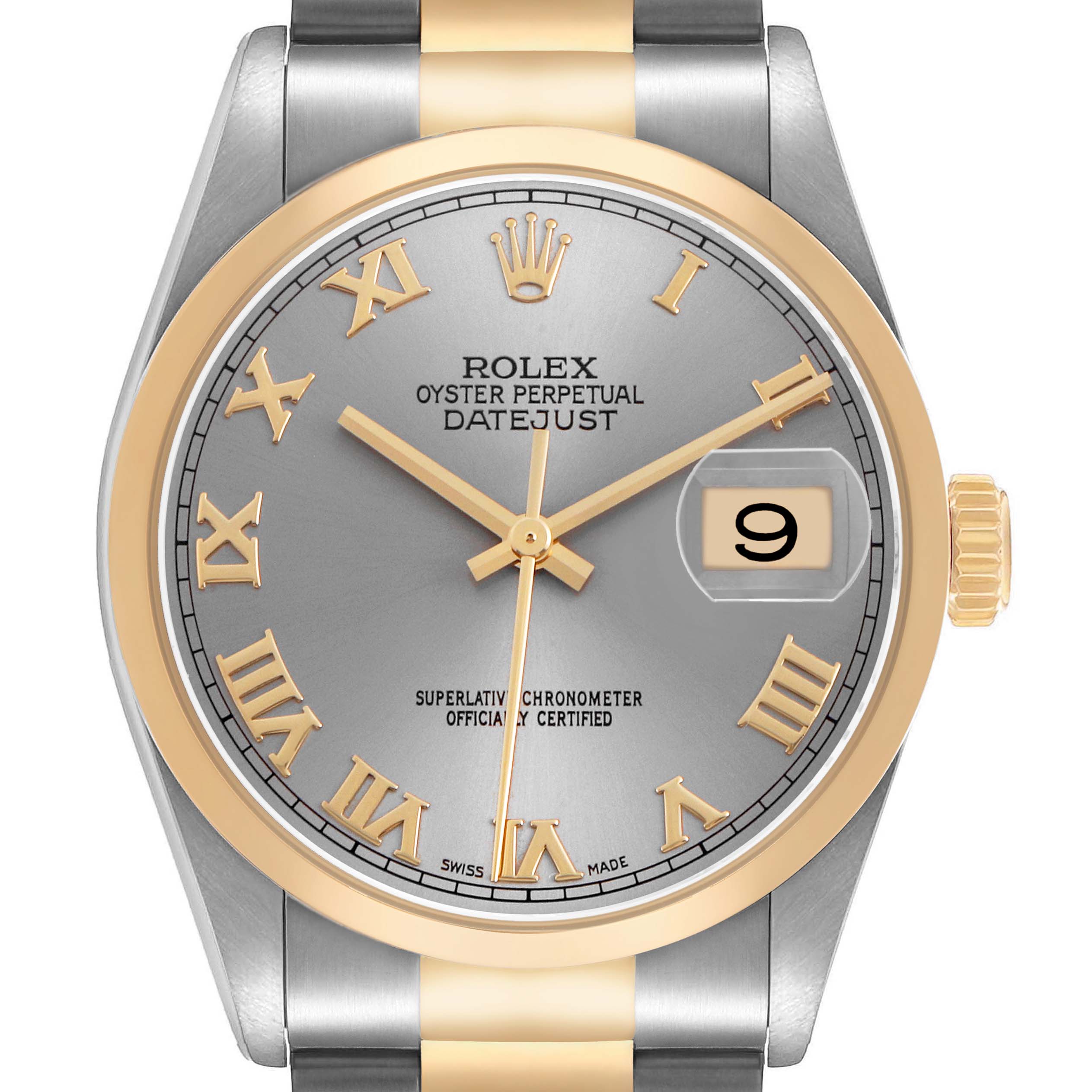 The Rolex Datejust 16203 Men's Steel and Gold (two tone) Silver Dial is shown from the front, highlighting the dial, hands, bezel, and bracelet.