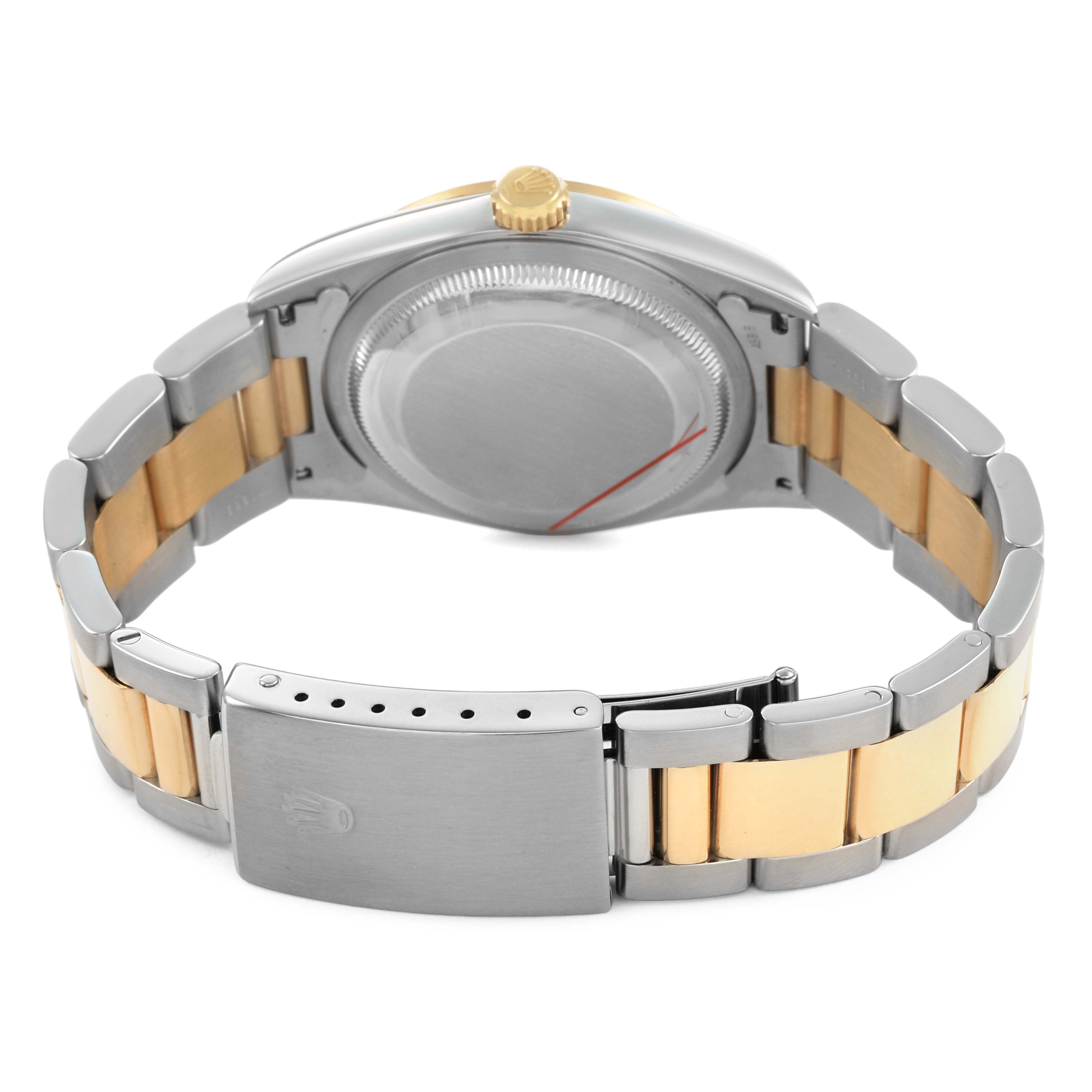 The image shows the back and bracelet of a Rolex Datejust 16203 Men's Steel and Gold (two tone) Silver Dial, highlighting the clasp and two-tone links.