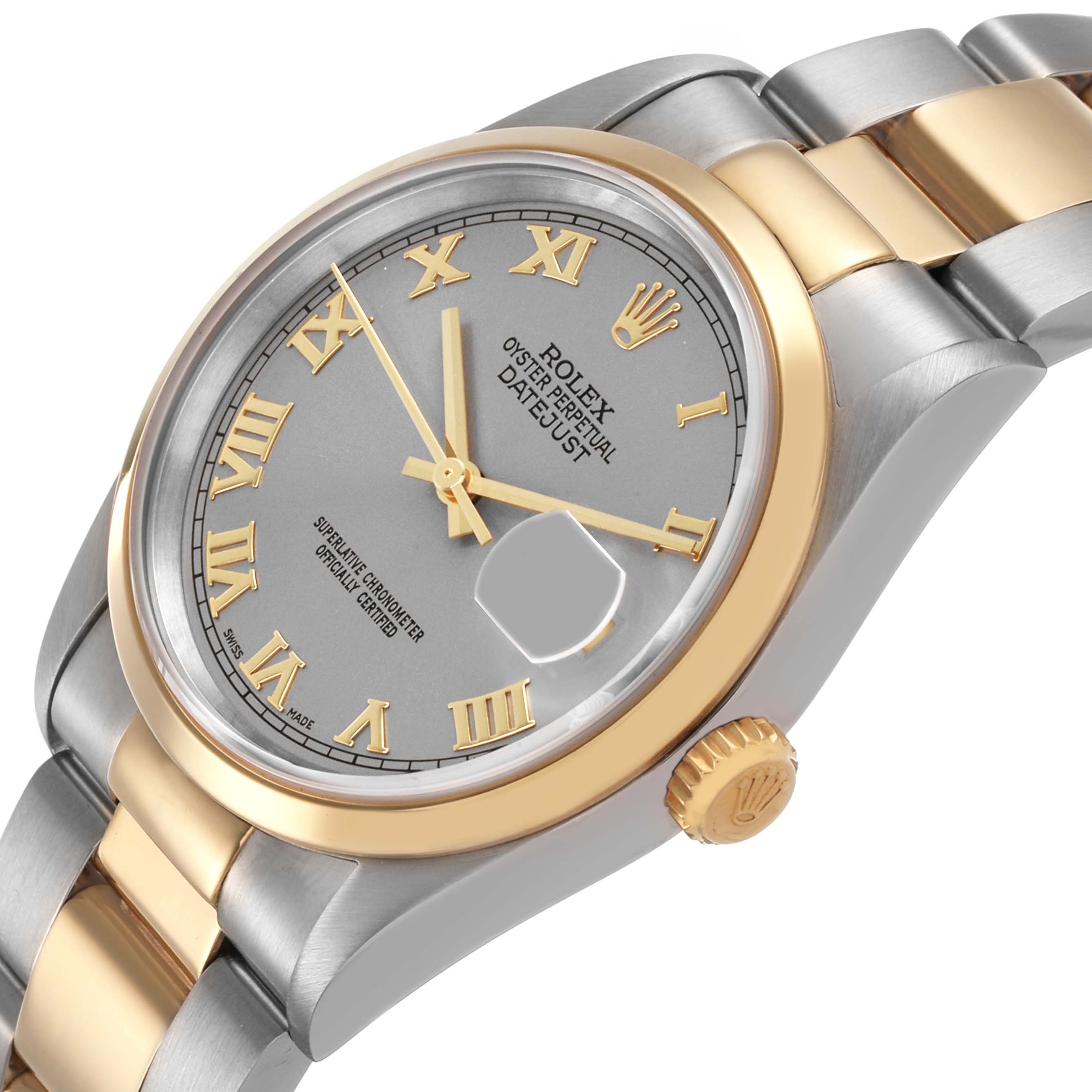 The Rolex Datejust 16203 Men's Steel and Gold (two tone) Silver Dial watch is shown from an angled side view, highlighting the dial, bezel, and bracelet.
