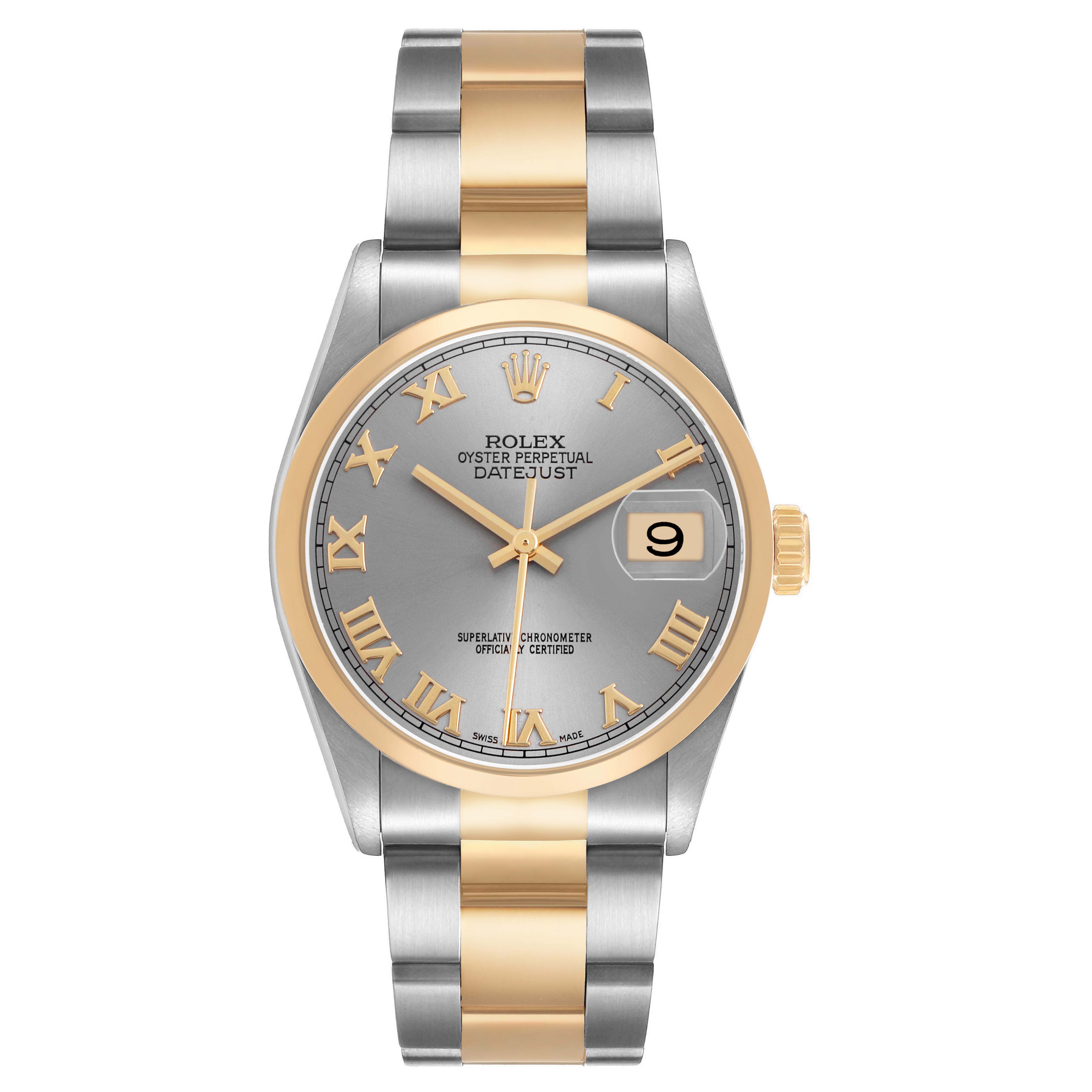 The Rolex Datejust 16203 Men's Steel and Gold (two tone) Silver Dial watch is shown from a front view, highlighting the dial, bezel, and bracelet.