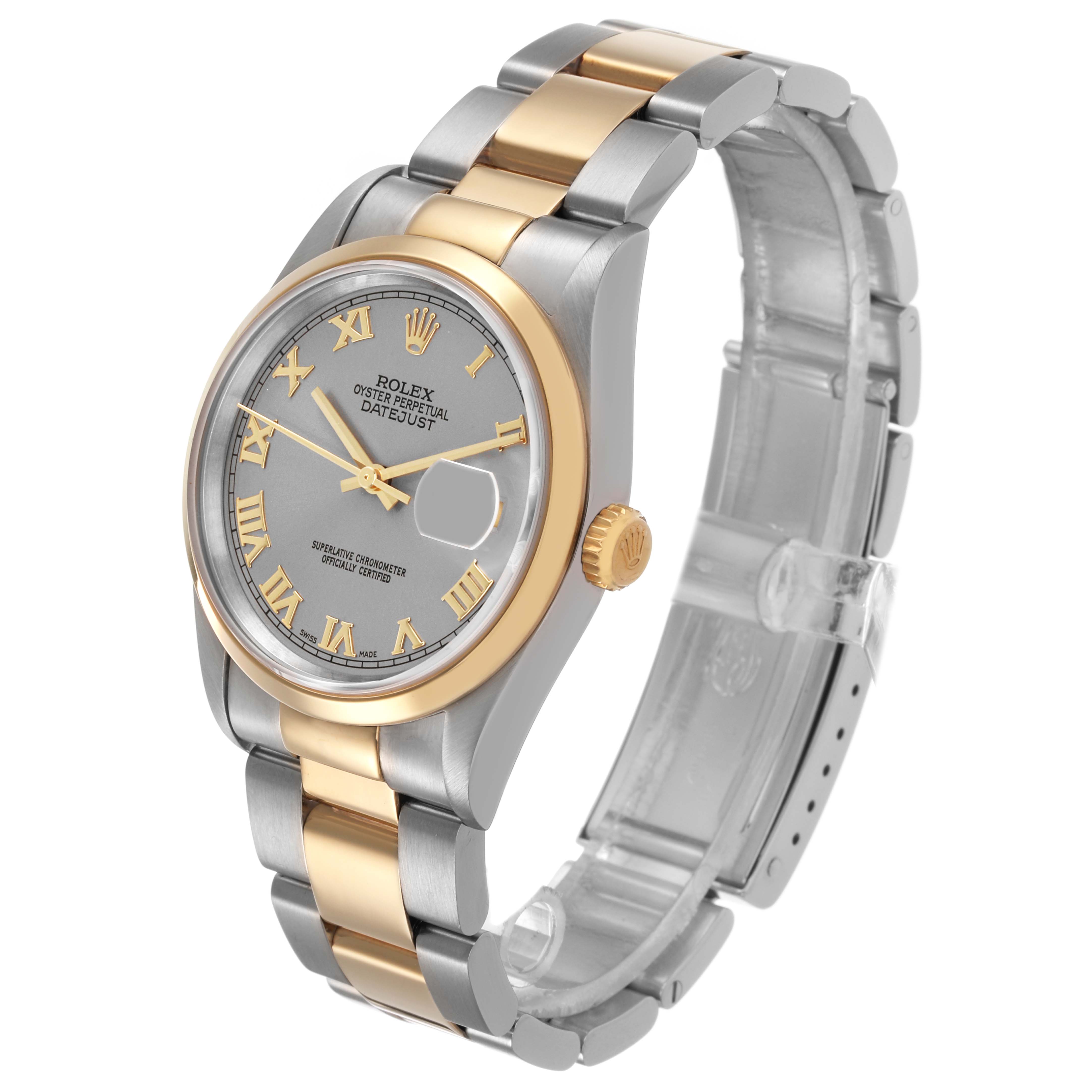 The Rolex Datejust 16203 Men's Steel and Gold (two tone) Silver Dial watch is shown at a three-quarter angle, highlighting the dial, bezel, crown, and bracelet.