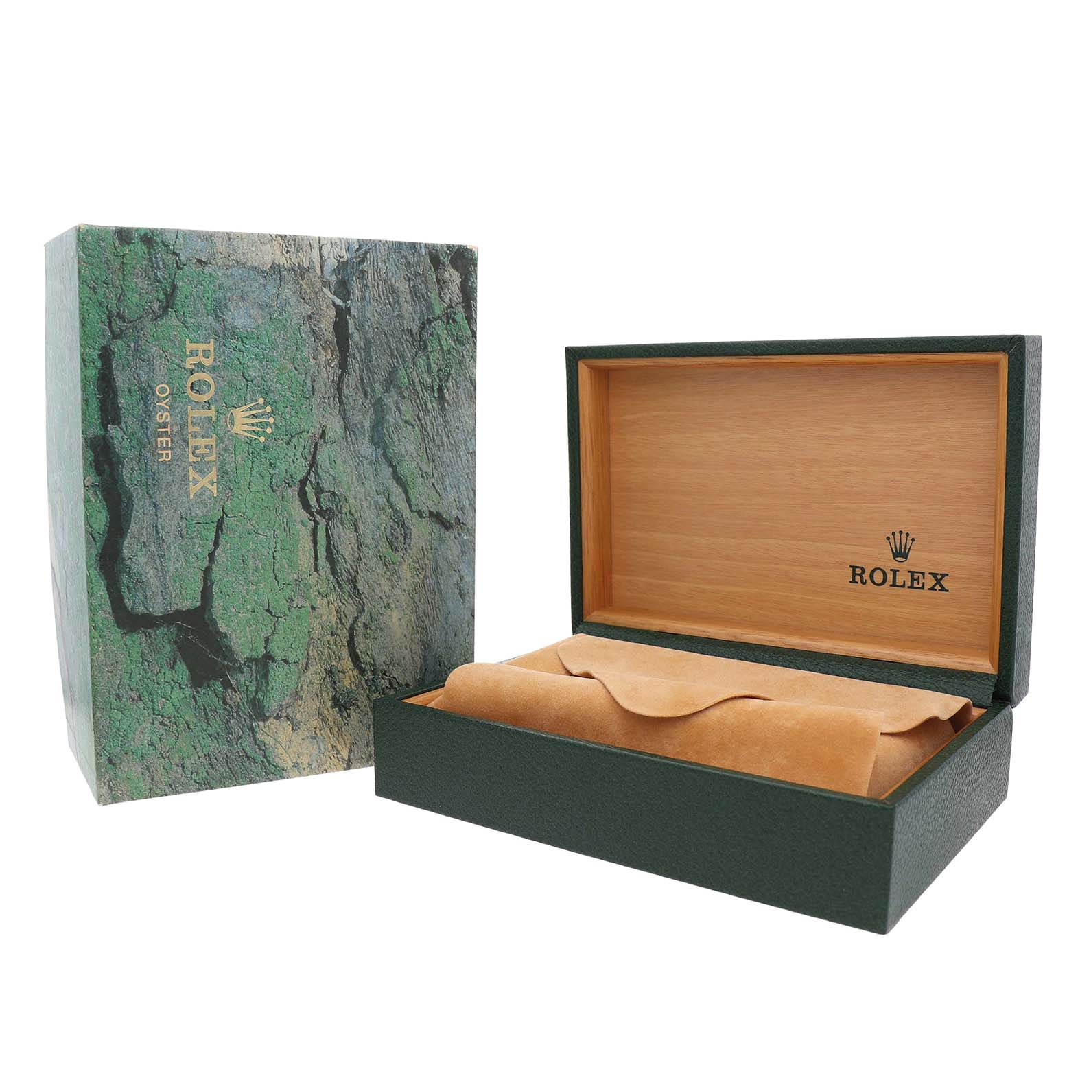 The image shows a Rolex Explorer 14270 Men's Stainless Steel Black Dial watch box and outer packaging, with the box lid open to reveal the interior.