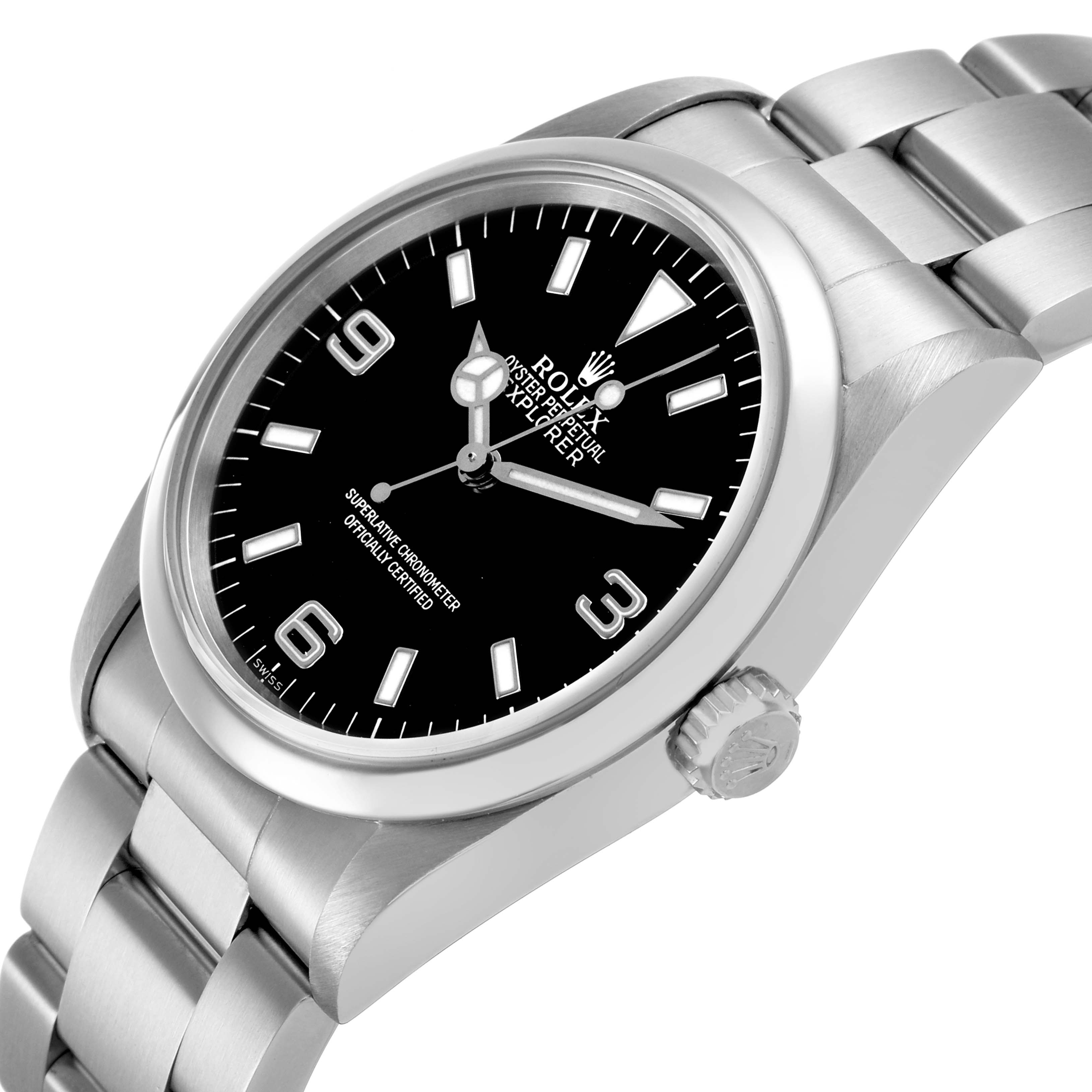 The Rolex Explorer 14270 Men's Stainless Steel Black Dial watch is shown at a three-quarter angle, displaying its black dial, hour markers, and part of the bracelet.