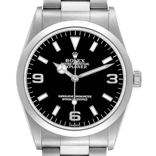 The Rolex Explorer 14270 Men's Stainless Steel Black Dial watch is shown from the front, displaying its black dial, silver markers, hands, and part of the bracelet.