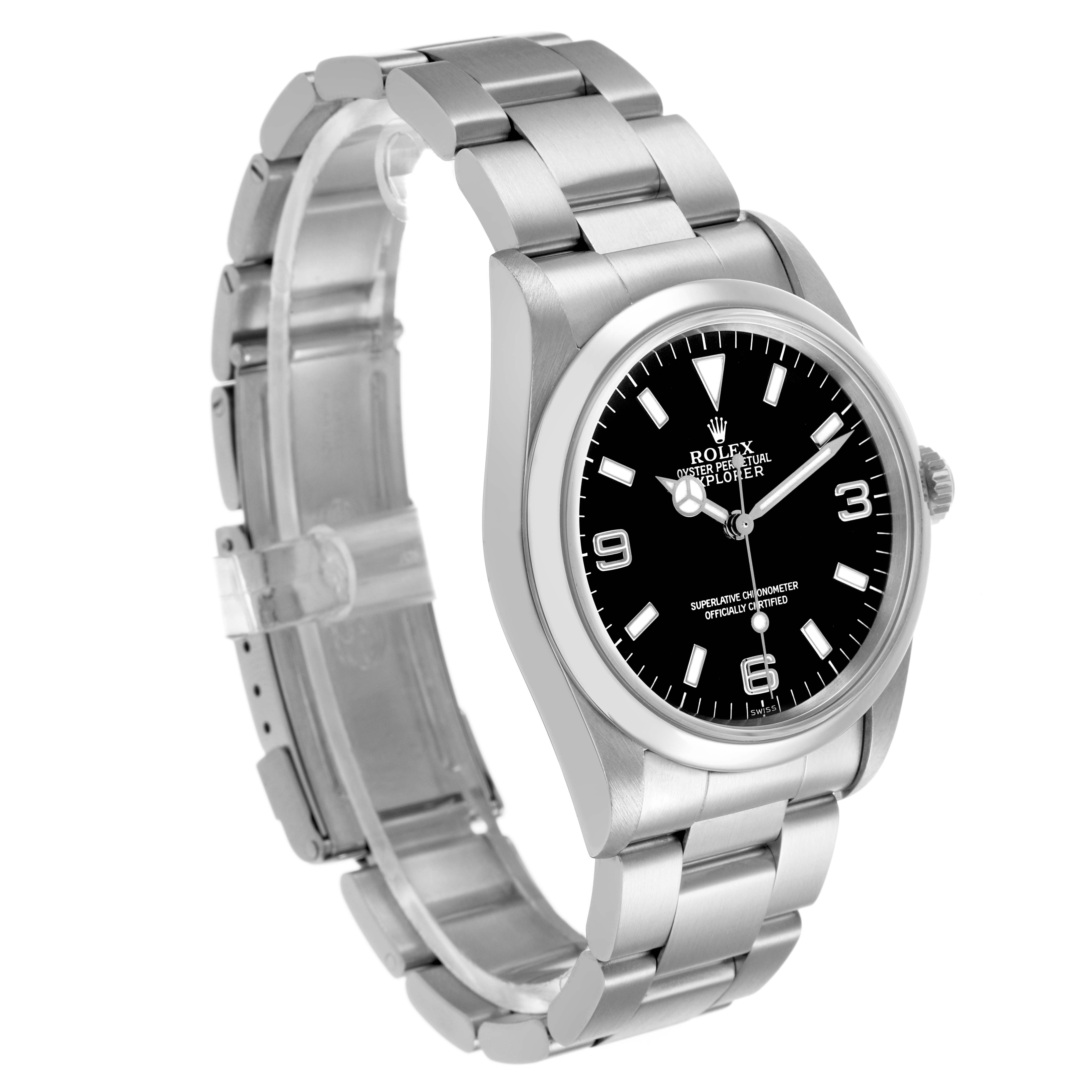 The Rolex Explorer 14270 Men's Stainless Steel Black Dial watch is shown at a three-quarter angle featuring its face, bezel, and partially open metal bracelet.