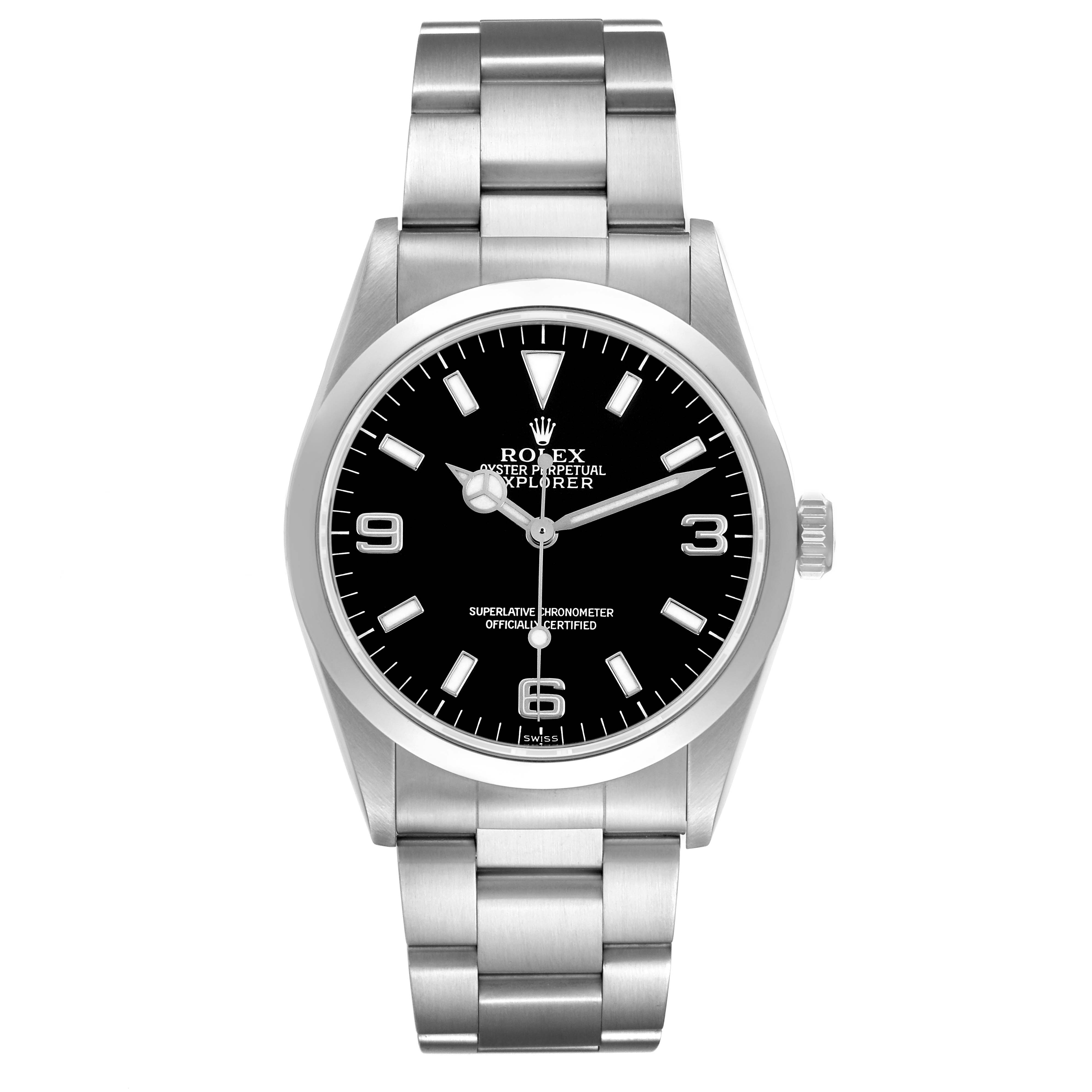 The Rolex Explorer 14270 Men's Stainless Steel Black Dial watch is shown from a front angle, highlighting the dial, bezel, and bracelet.