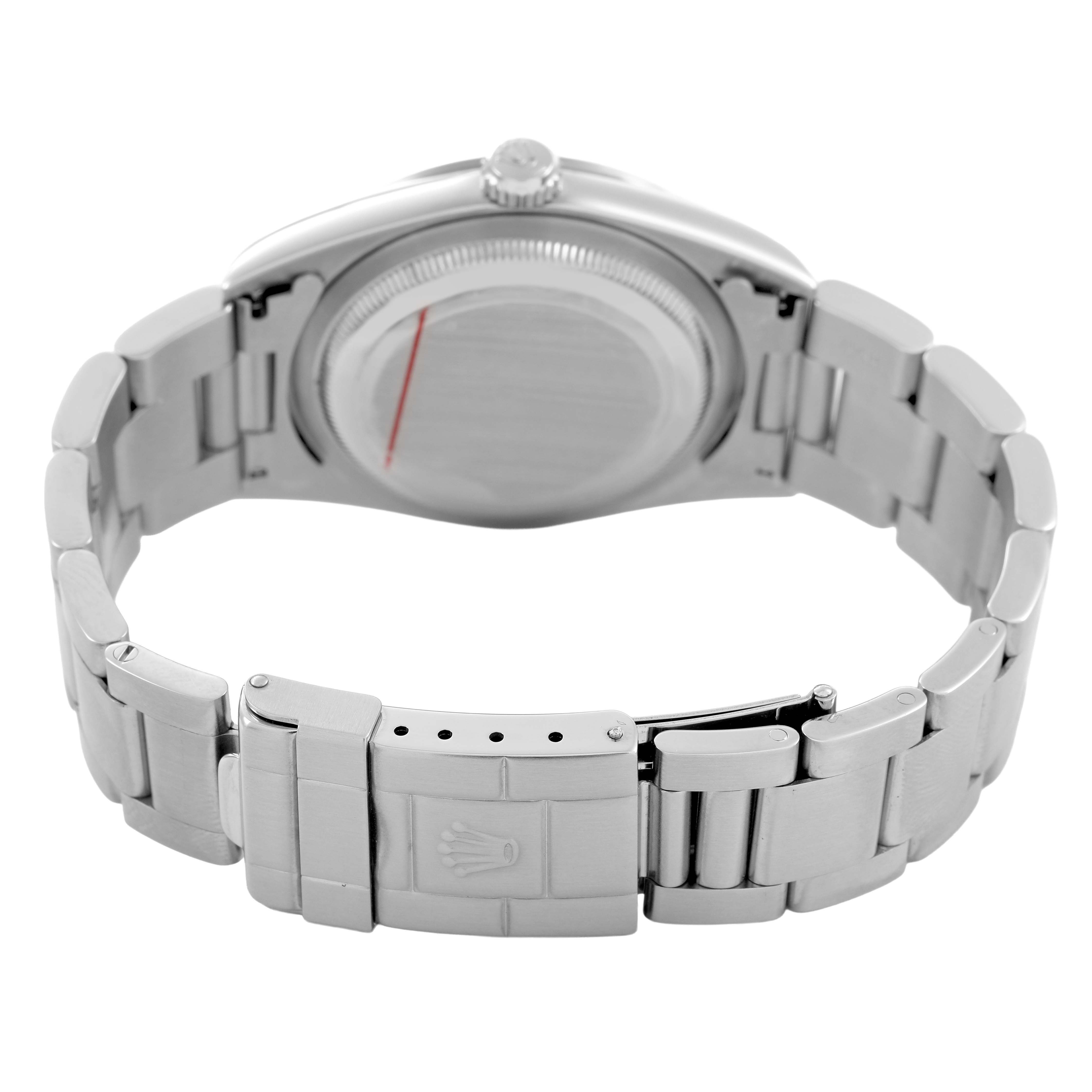 The image shows a rear view of the Rolex Explorer 14270 Men's Stainless Steel Black Dial, highlighting its bracelet and clasp.