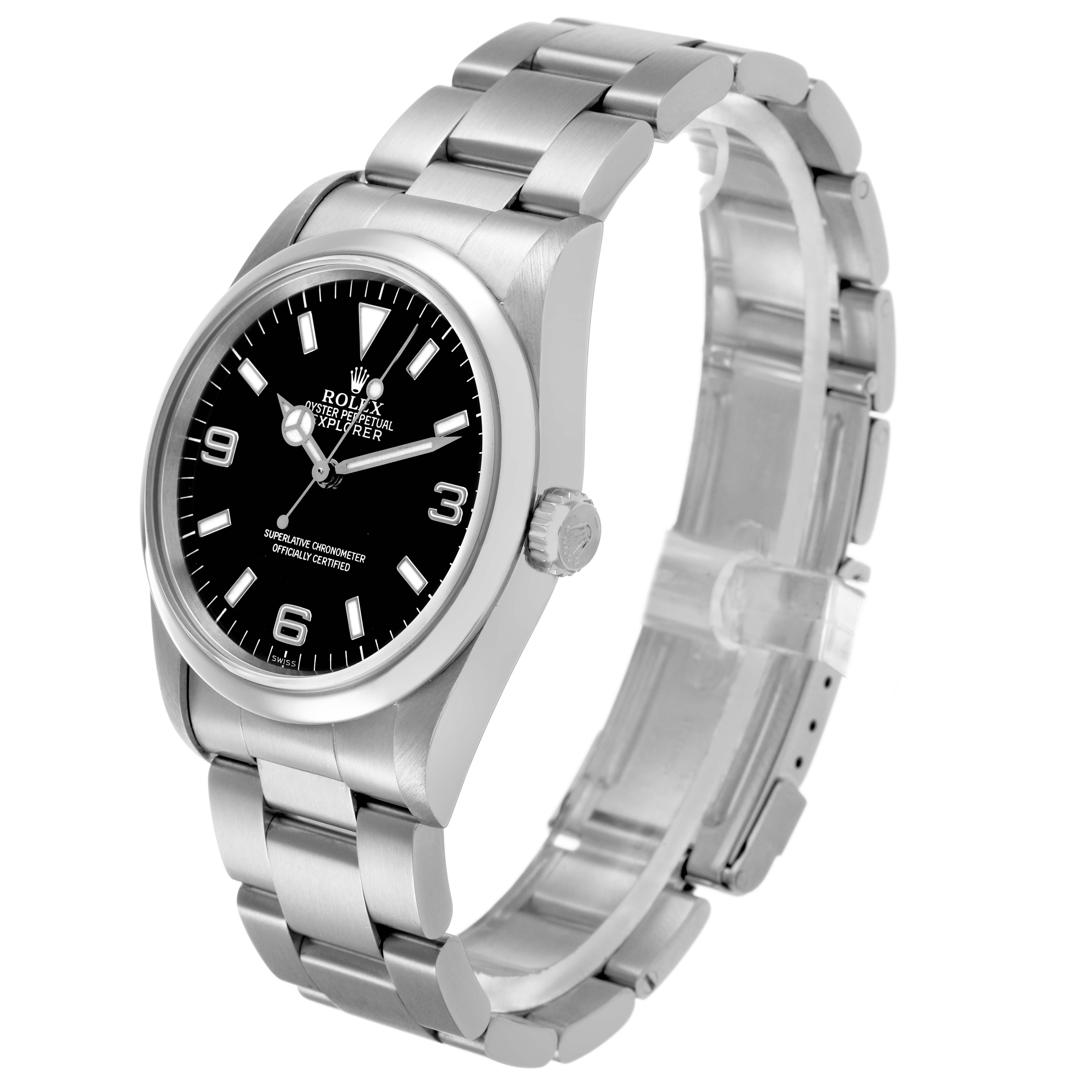 The Rolex Explorer 14270 Men's Stainless Steel Black Dial is shown at a 3/4 angle, highlighting the bracelet, crown, and face with its hour markers.
