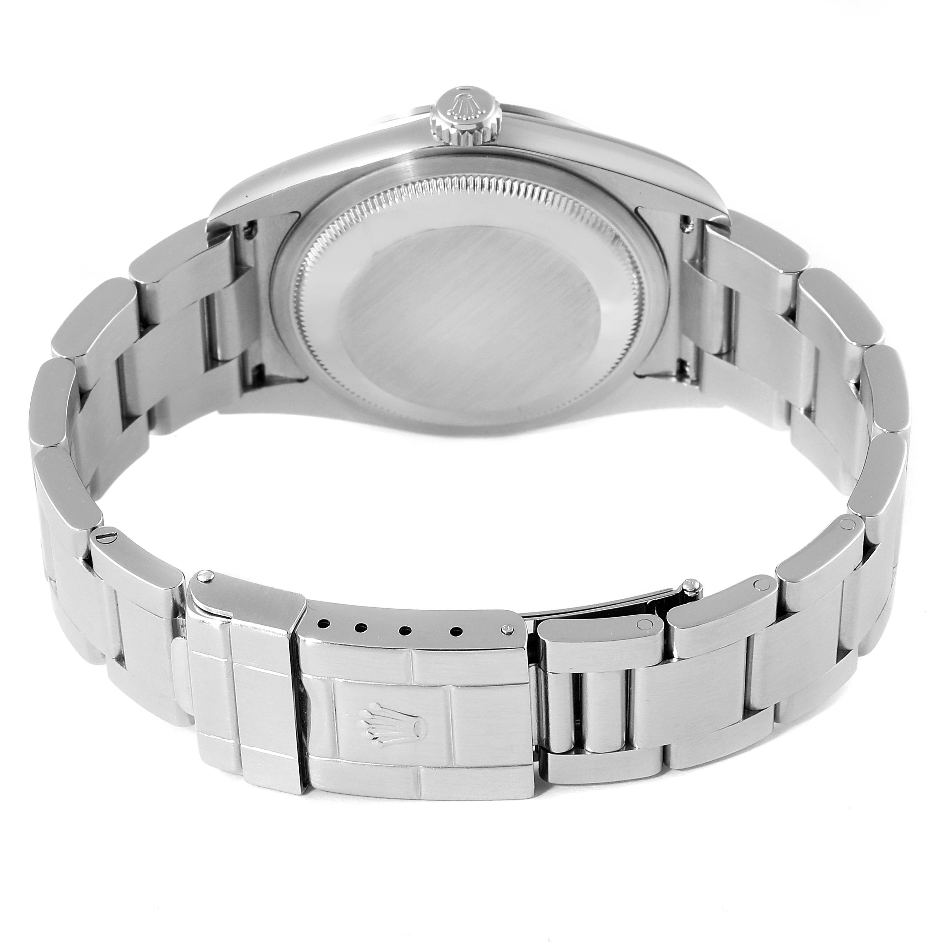 This image shows the back view and clasp of the Rolex Explorer 114270 Men's Stainless Steel Black Dial 114270 Men's Stainless Steel Black Dial model watch.