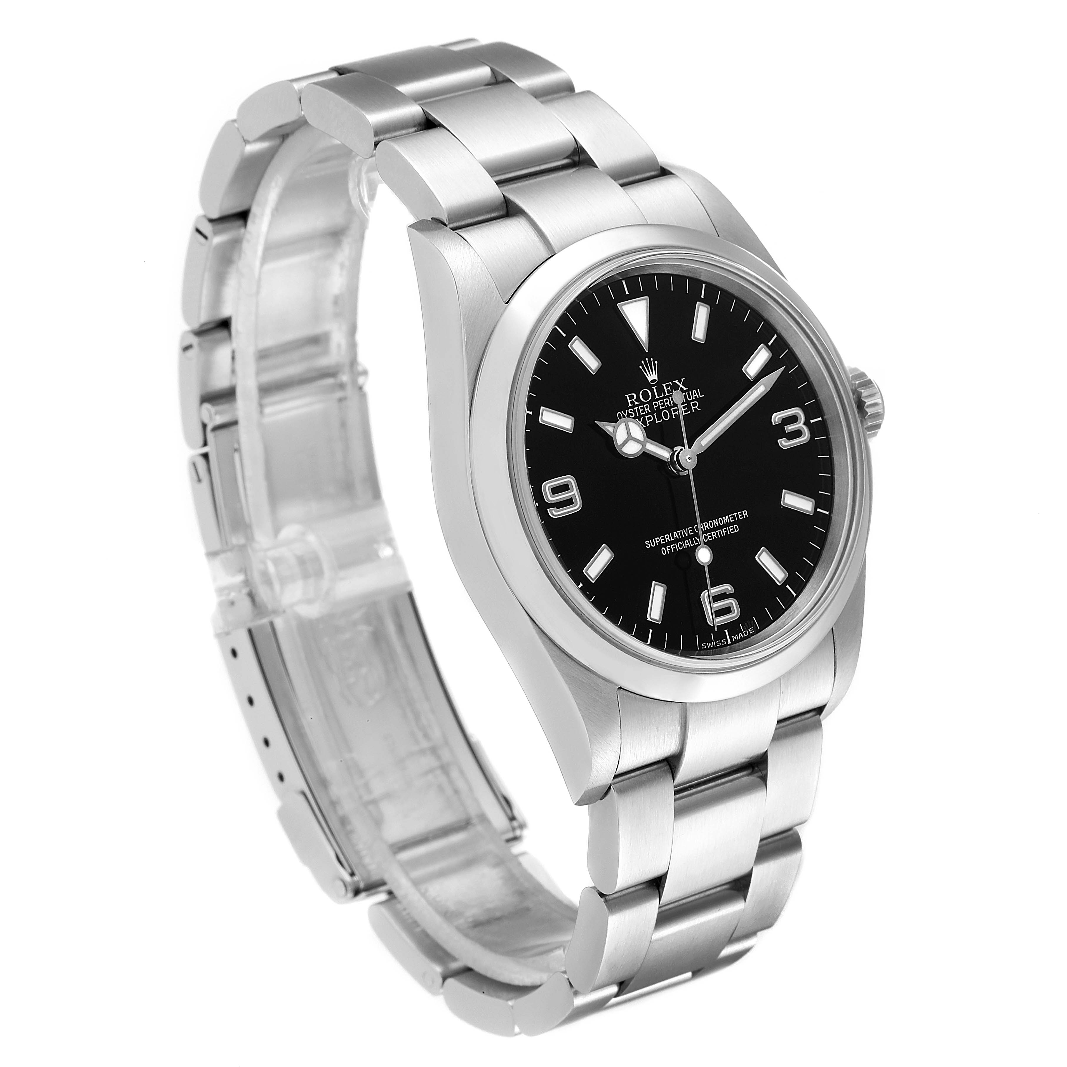 This image shows a Rolex Explorer 114270 Men's Stainless Steel Black Dial 114270 Men's Stainless Steel Black Dial watch, showcasing the face, bezel, and part of the bracelet from a slightly angled side view.