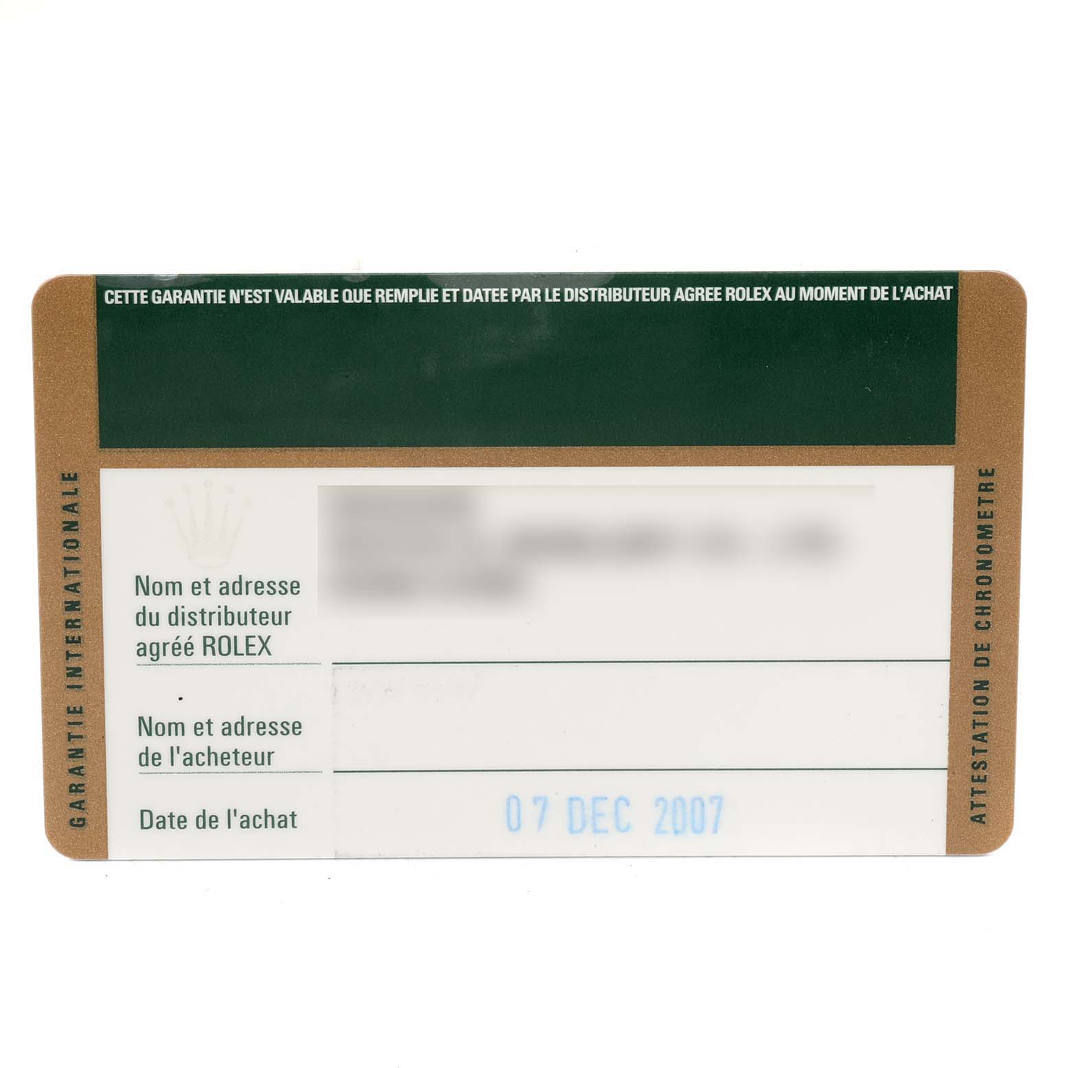 This image shows the warranty card for a Rolex Explorer 114270 Men's Stainless Steel Black Dial 114270 Men's Stainless Steel Black Dial watch, featuring spaces for distributor and buyer information, and the purchase date.