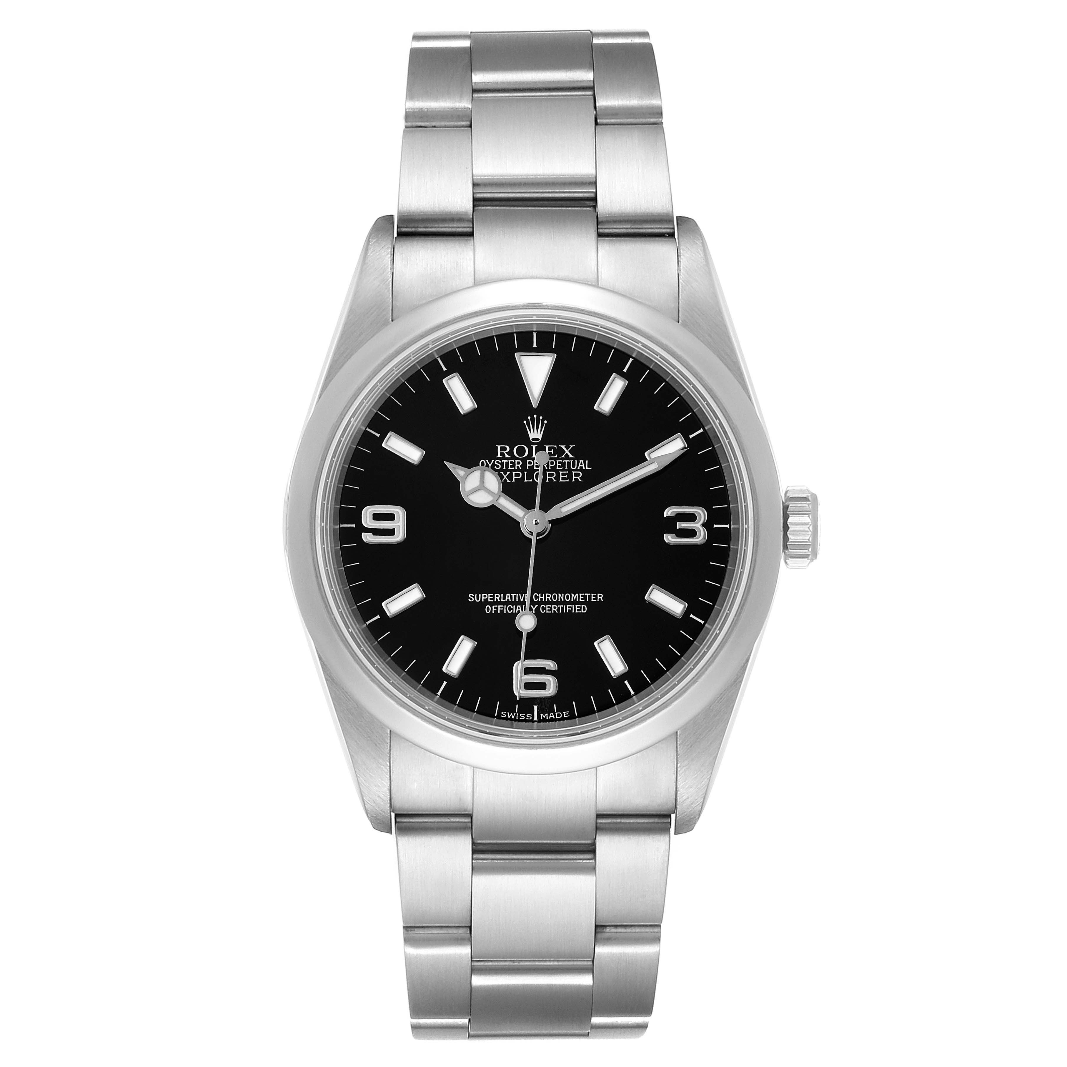 The image shows a frontal view of a Rolex Explorer 114270 Men's Stainless Steel Black Dial 114270 Men's Stainless Steel Black Dial watch, highlighting the dial, bezel, and stainless steel bracelet.