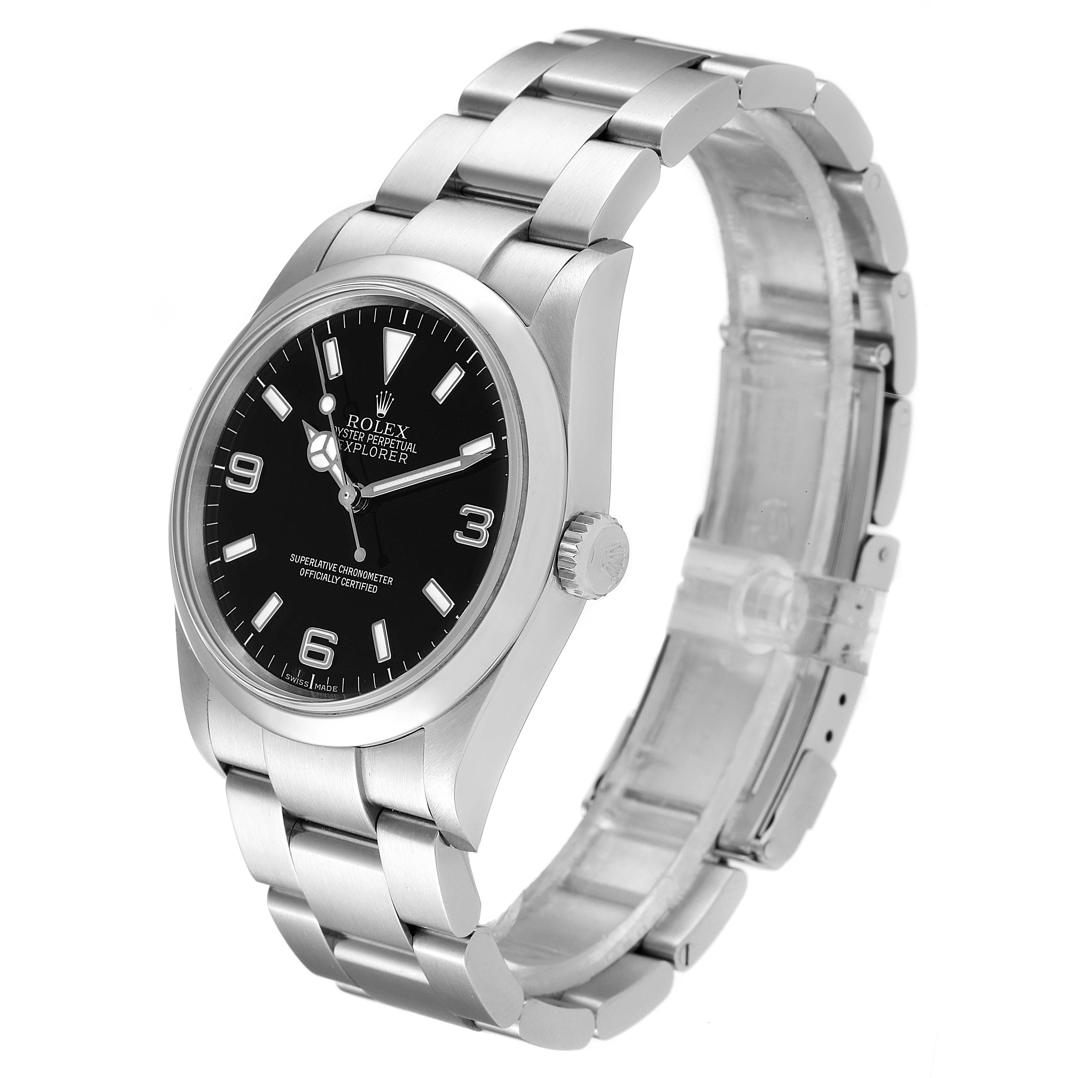 The Rolex Explorer 114270 Men's Stainless Steel Black Dial 114270 Men's Stainless Steel Black Dial watch is shown at a side angle, displaying the face, bezel, crown, and bracelet.