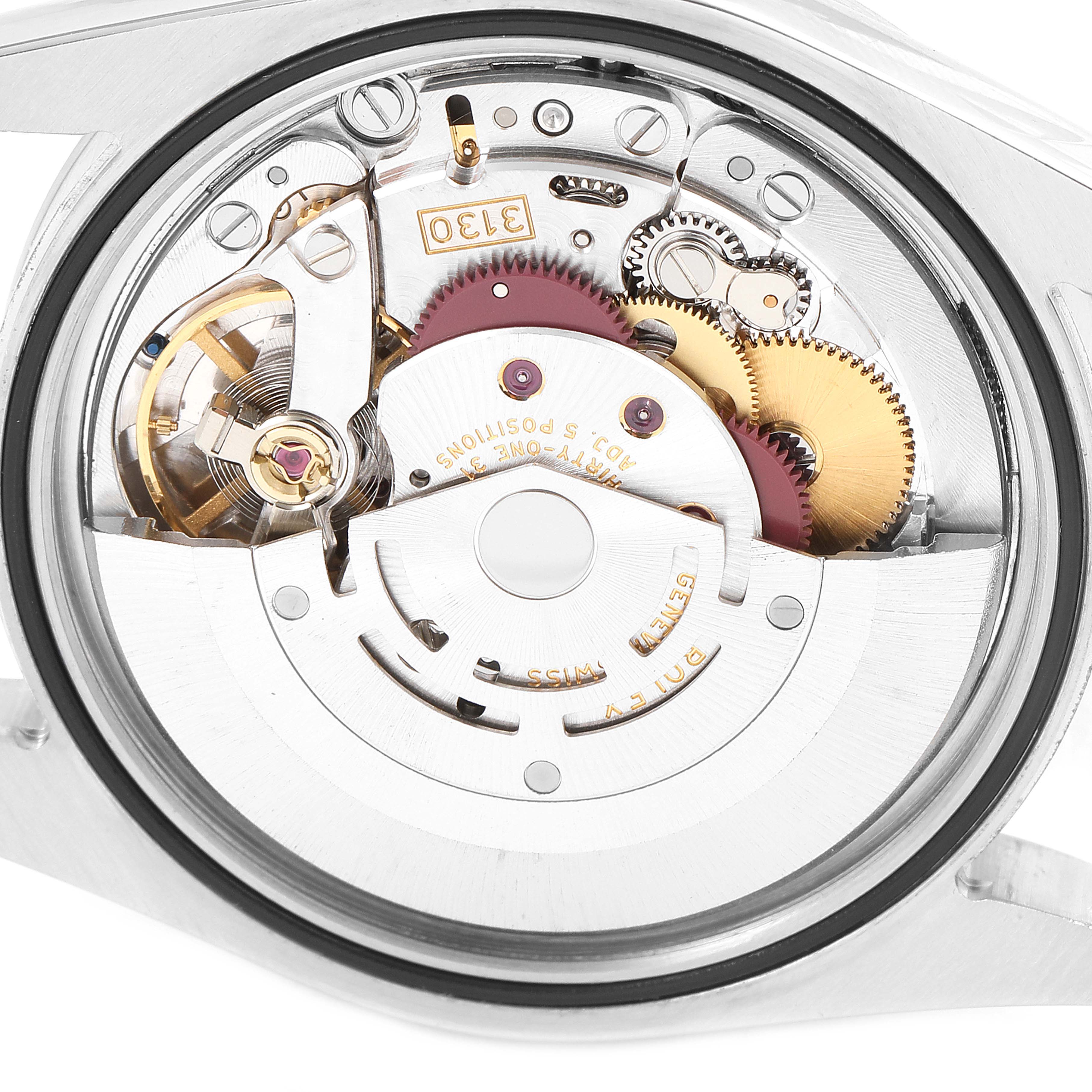 This image shows a close-up of the movement and inner mechanical parts of a Rolex Explorer 114270 Men's Stainless Steel Black Dial 114270 Men's Stainless Steel Black Dial watch.