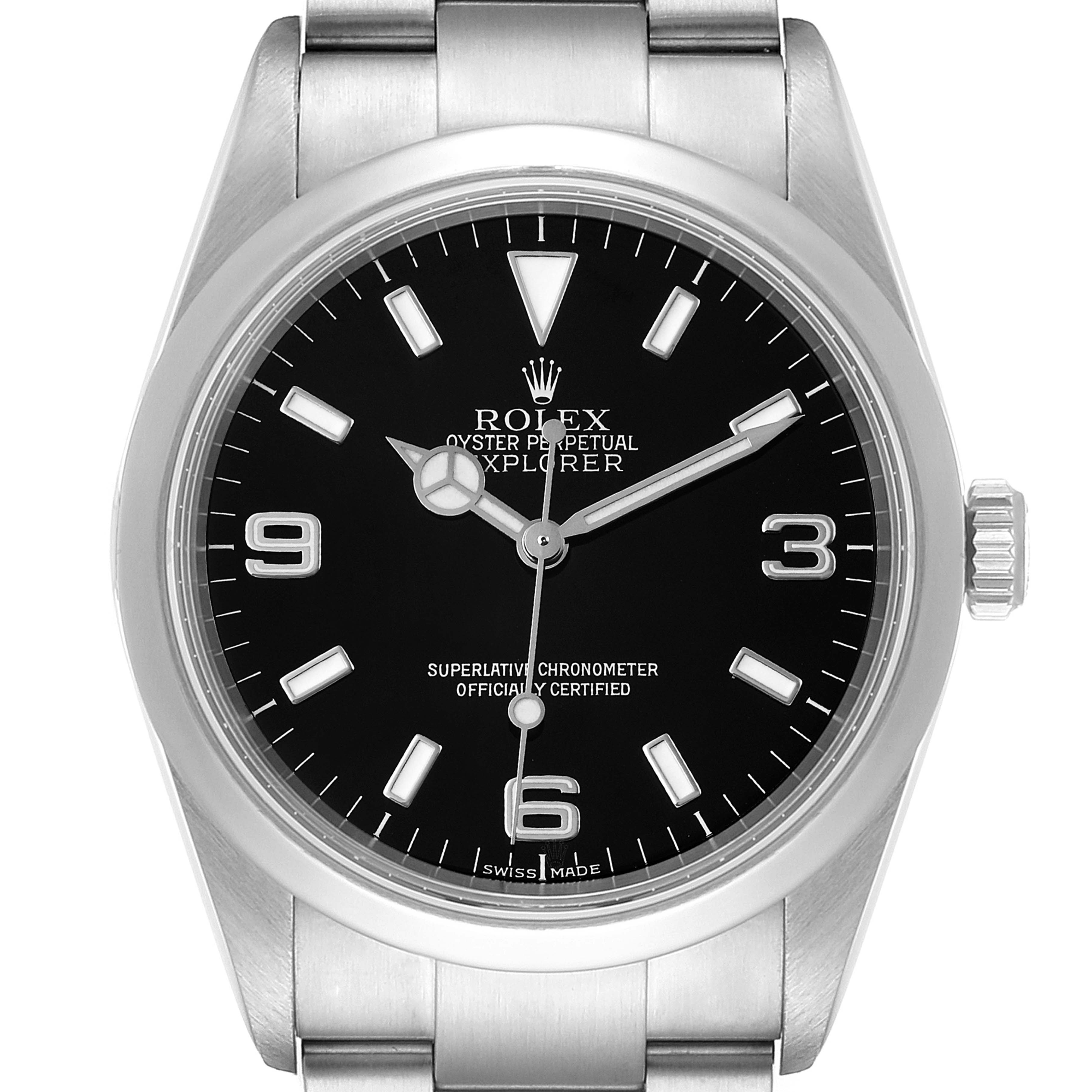 The image shows a front view of the Rolex Explorer 114270 Men's Stainless Steel Black Dial 114270 Men's Stainless Steel Black Dial watch, highlighting the dial, hands, markers, case, and part of the bracelet.