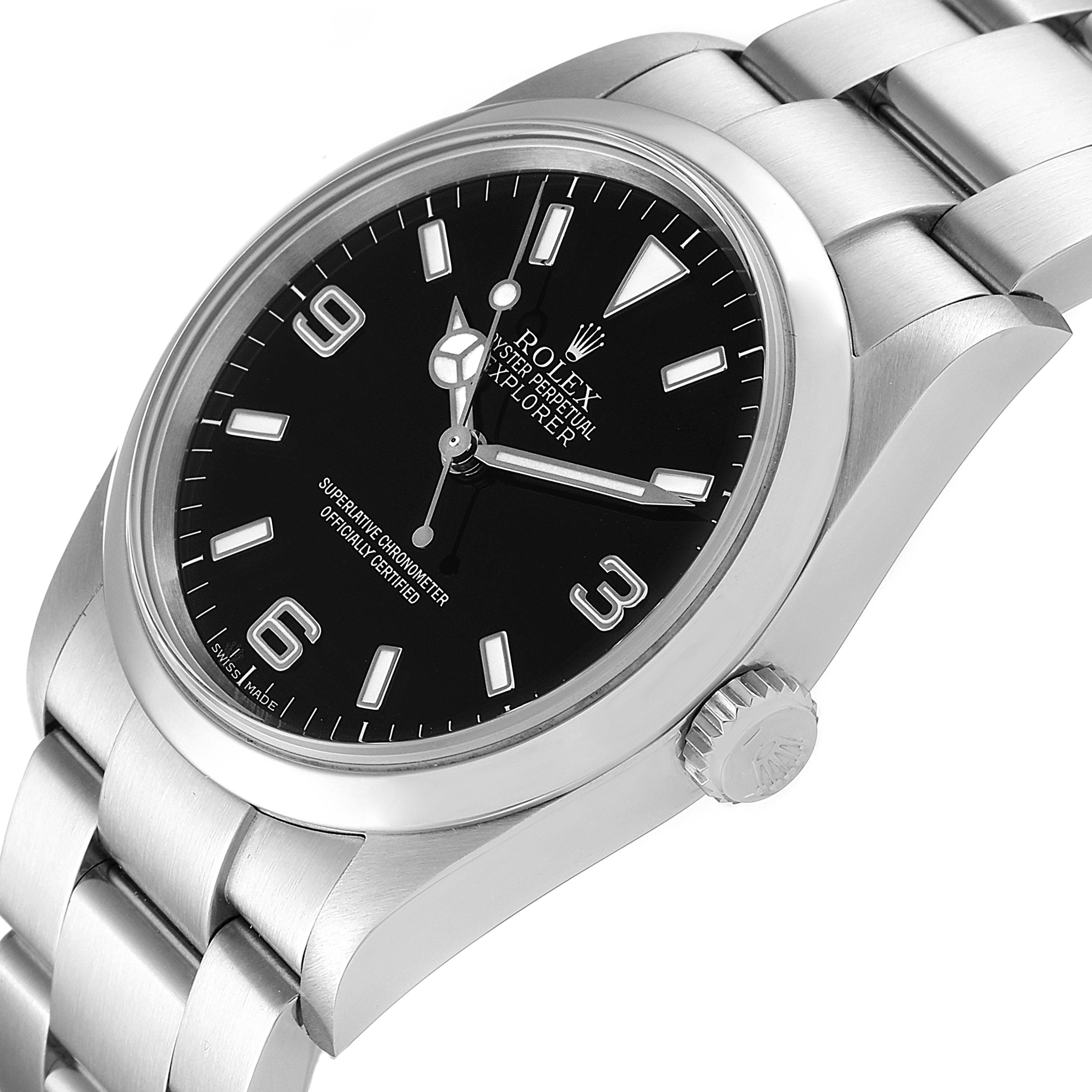 The image shows a Rolex Explorer 114270 Men's Stainless Steel Black Dial 114270 Men's Stainless Steel Black Dial watch from a three-quarter angle, highlighting the dial, bezel, crown, and stainless steel bracelet.