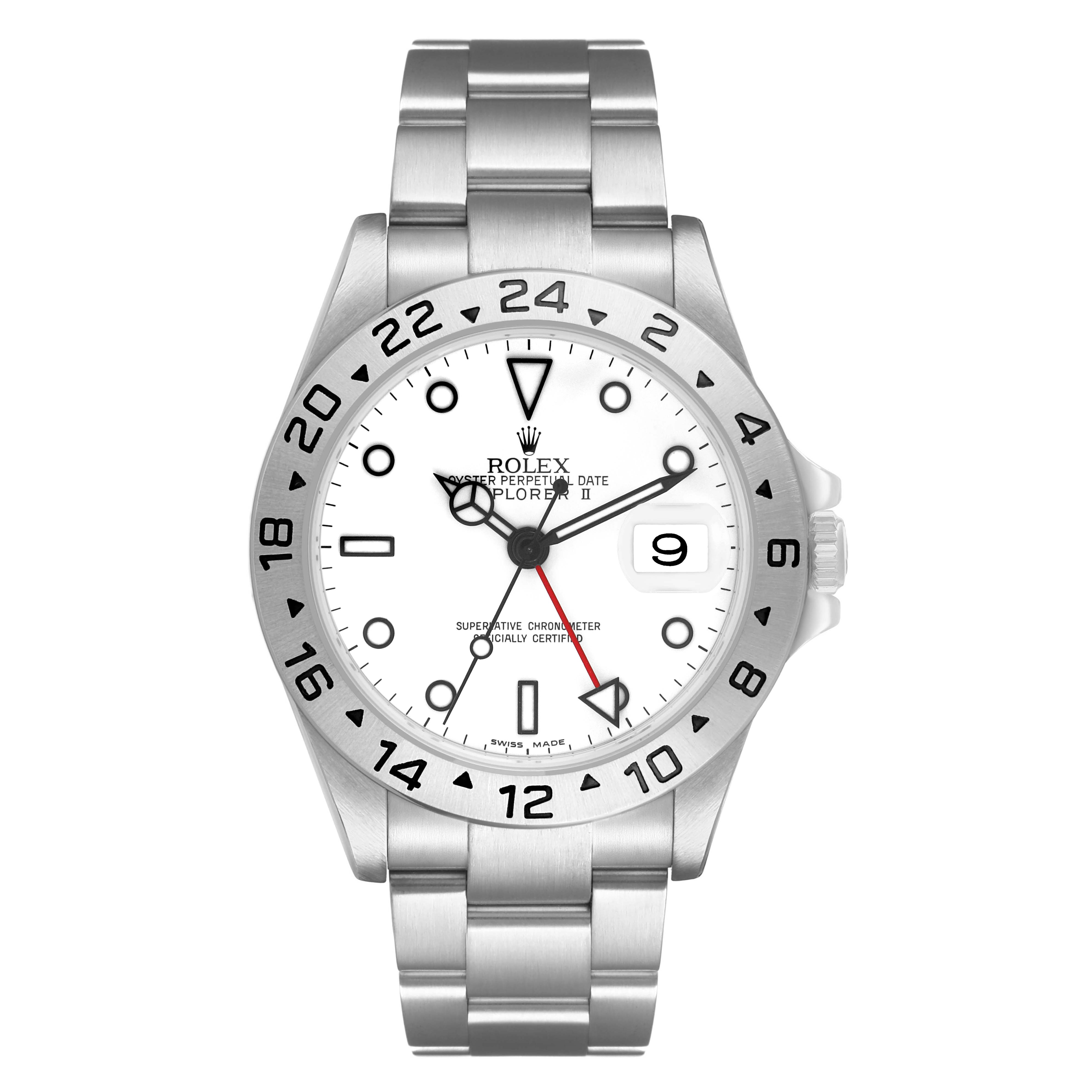 The Rolex Explorer 16570 Men's Stainless Steel White Dial model is shown from the front, highlighting the dial, bezel, and bracelet.