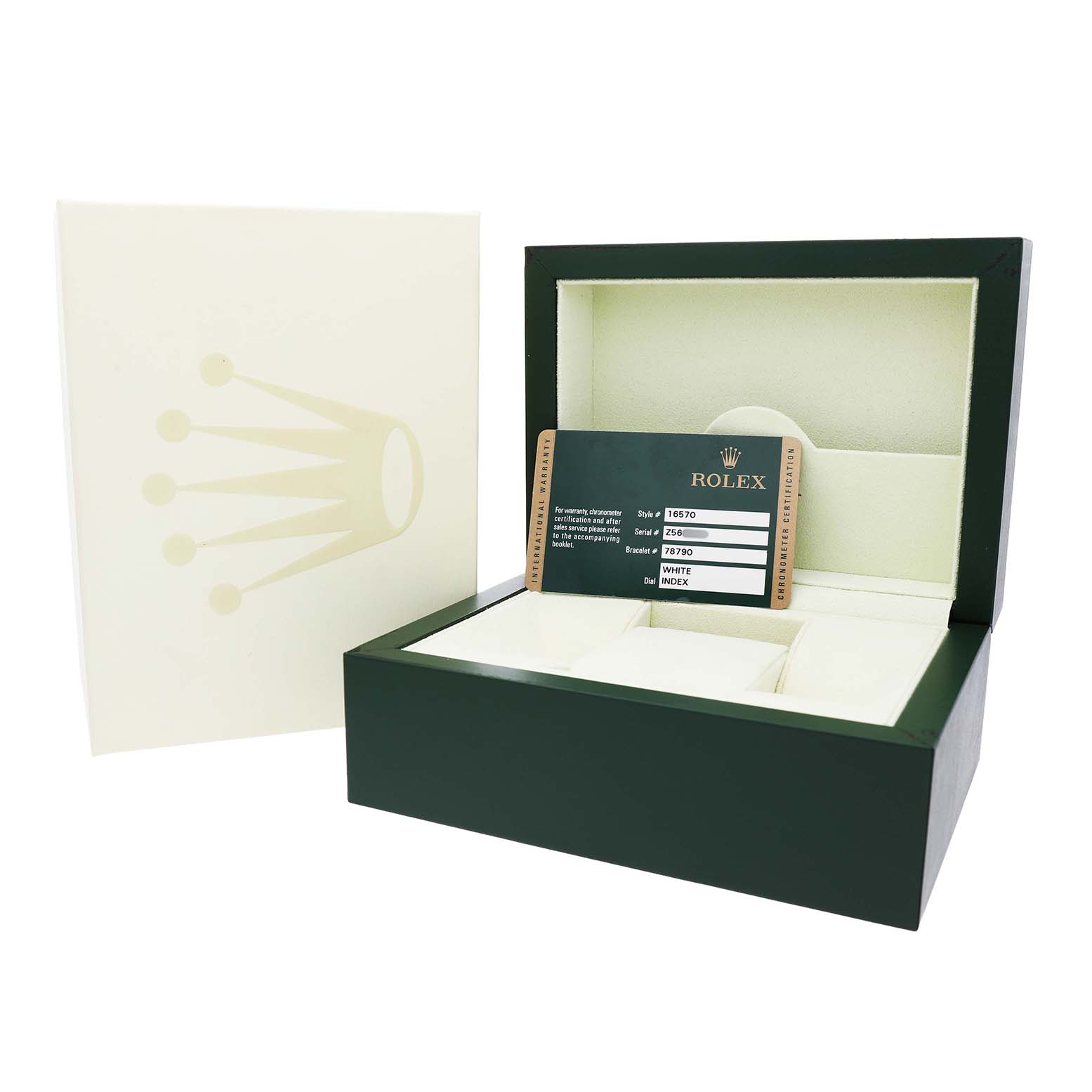 The image shows the opened box and warranty card for a Rolex Explorer 16570 Men's Stainless Steel White Dial watch, with the brand logo visible.