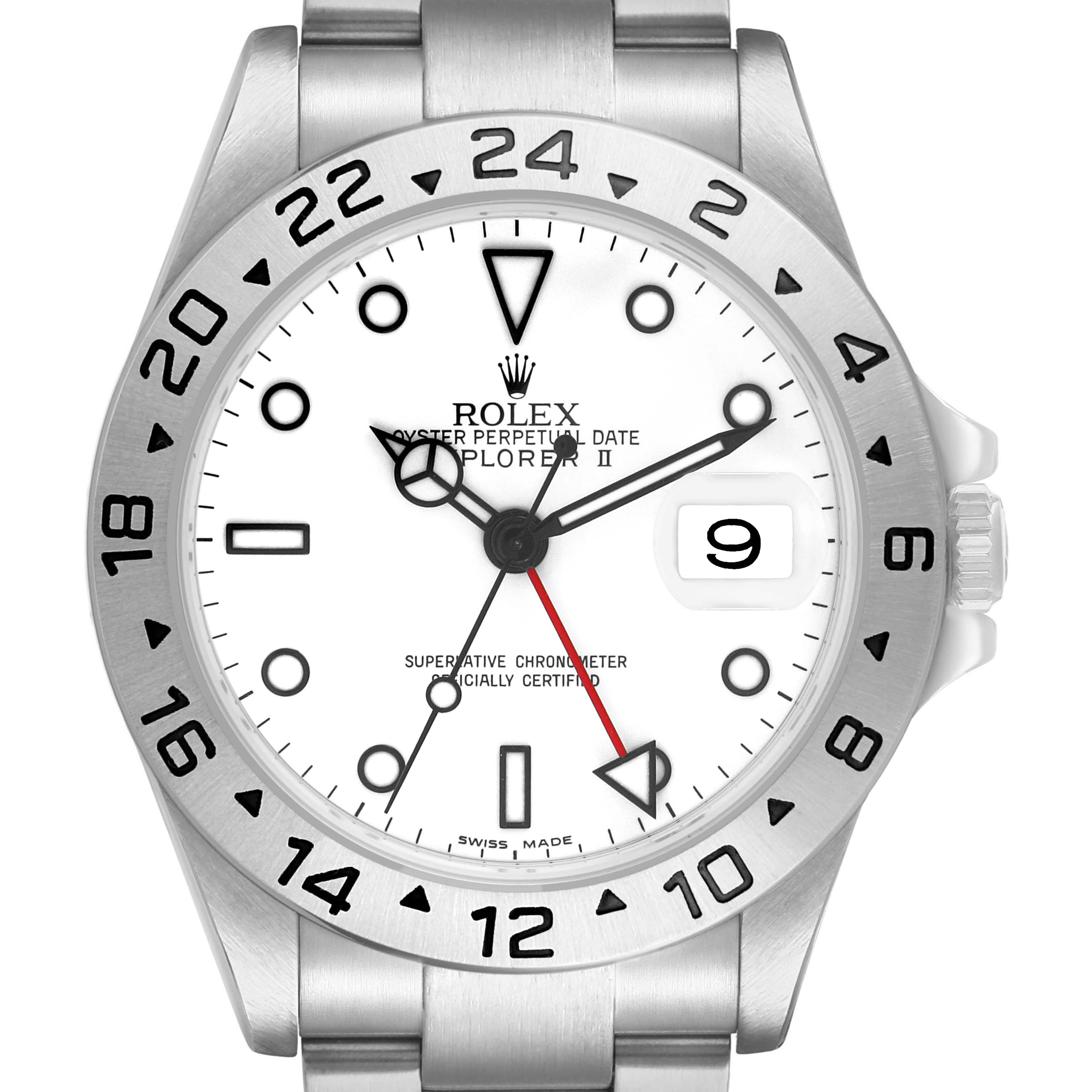 The Rolex Explorer 16570 Men's Stainless Steel White Dial II watch is shown from a top-down angle highlighting the face, bezel, and bracelet.