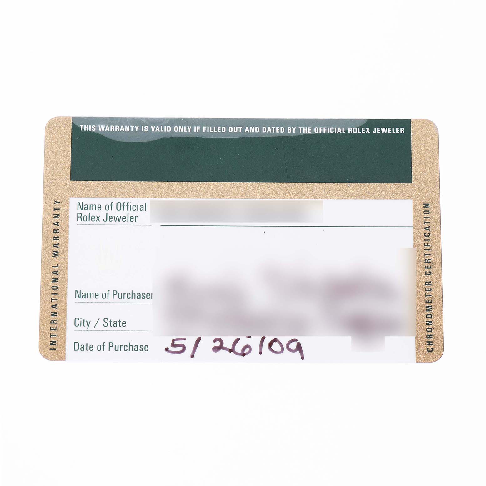 The image shows a Rolex International Warranty card for the Explorer model.