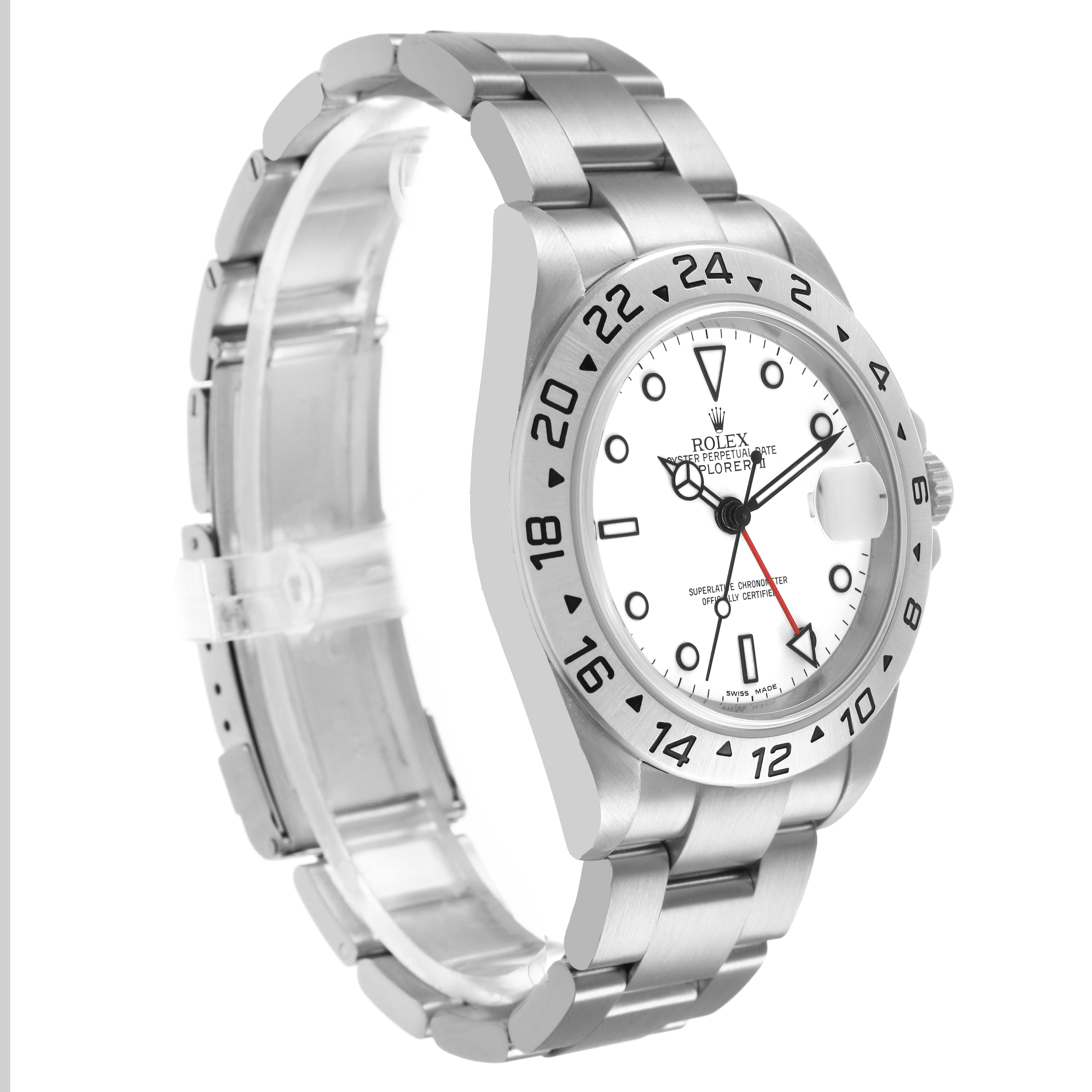 The Rolex Explorer 16570 Men's Stainless Steel White Dial model is shown at a three-quarter angle displaying the watch face, bezel, and bracelet.