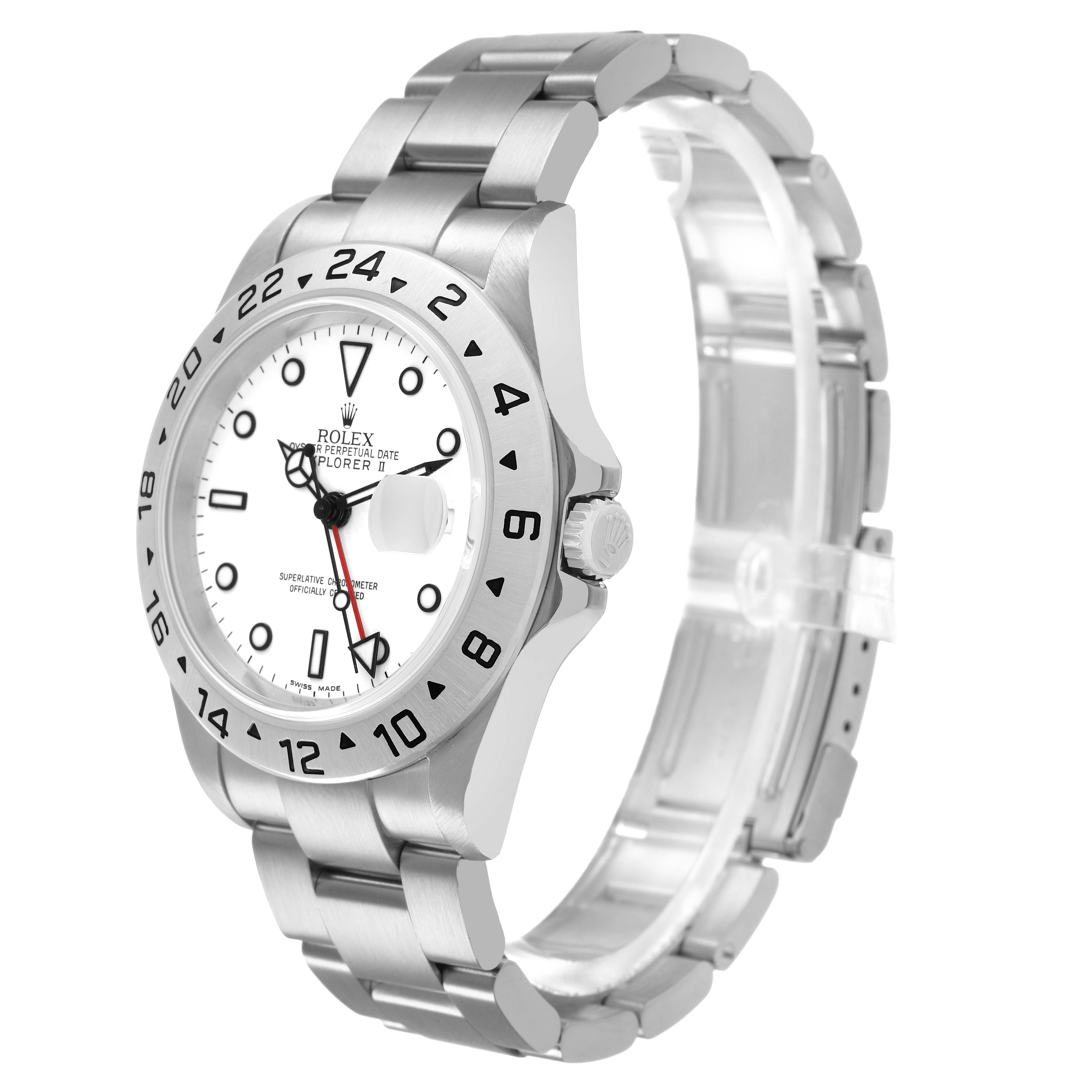 The Rolex Explorer 16570 Men's Stainless Steel White Dial watch is shown at a side angle, highlighting the bezel, dial, crown, and bracelet.