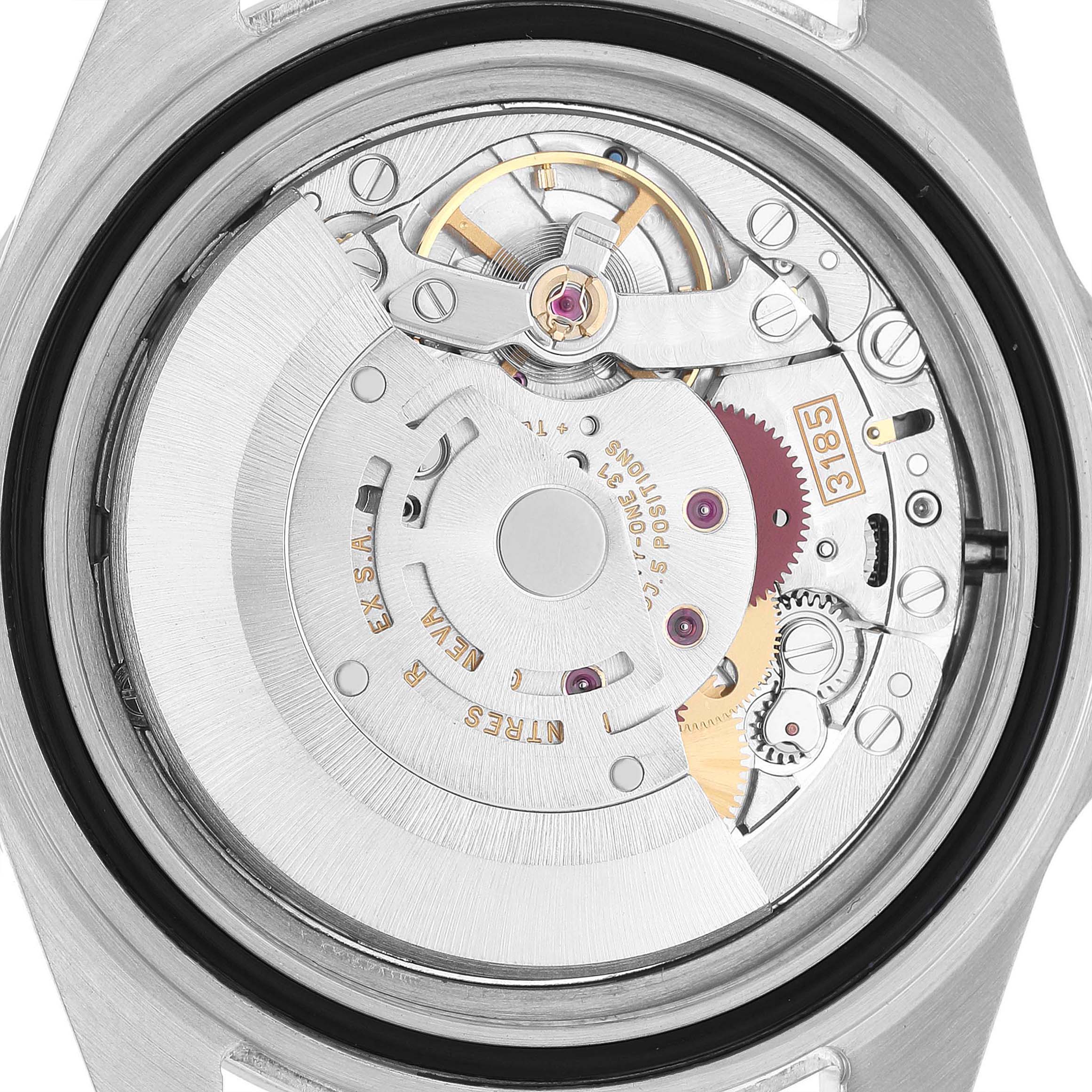 The image shows the back view of a Rolex Explorer 16570 Men's Stainless Steel White Dial watch, highlighting its internal movement mechanics.