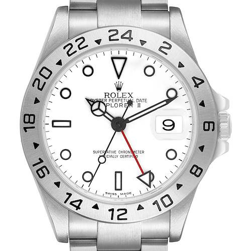 The Rolex Explorer 16570 Men's Stainless Steel White Dial model is shown from a front angle, highlighting its dial, bezel, and bracelet.