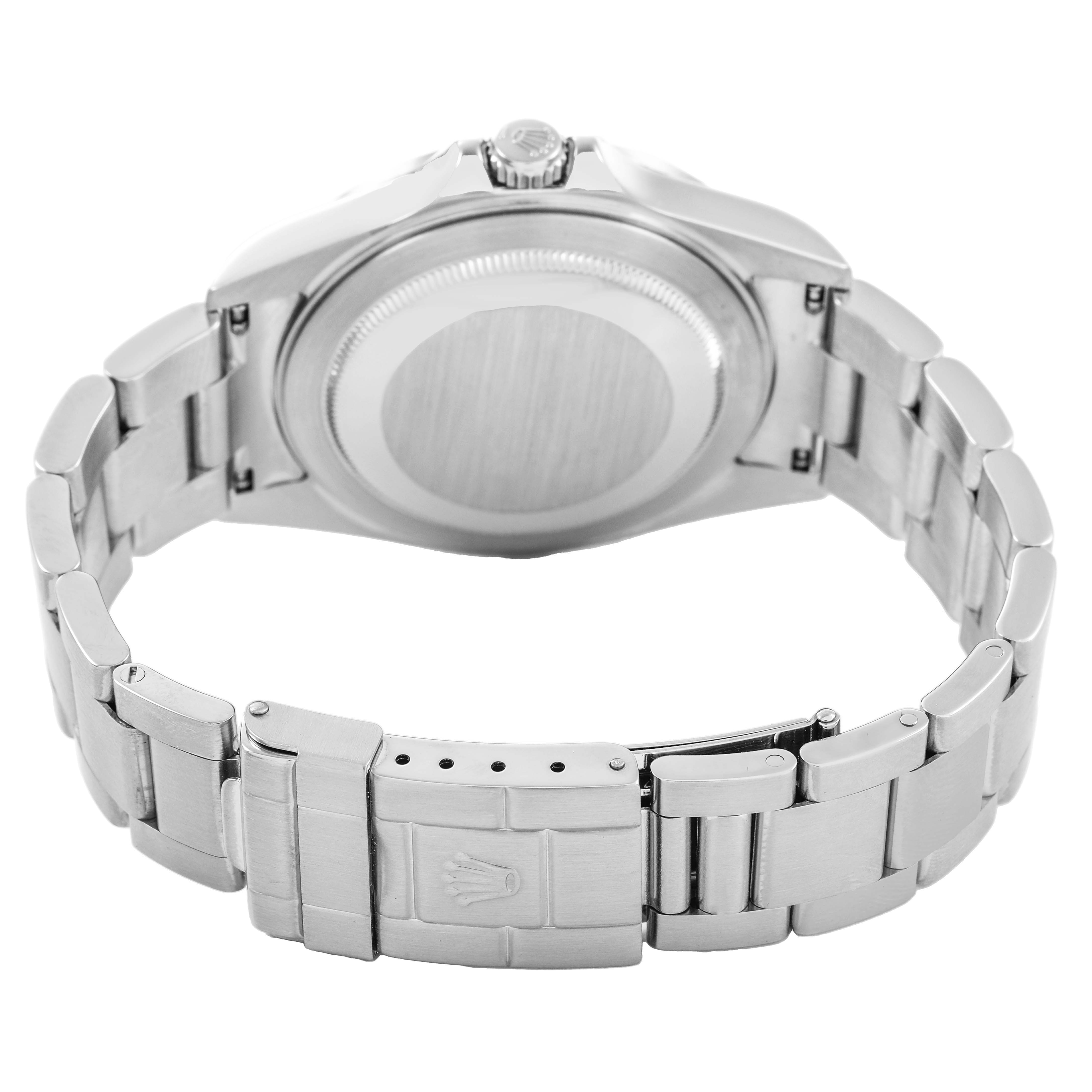 The image shows the case back and bracelet clasp of a Rolex Explorer 16570 Men's Stainless Steel White Dial watch from a rear angle.