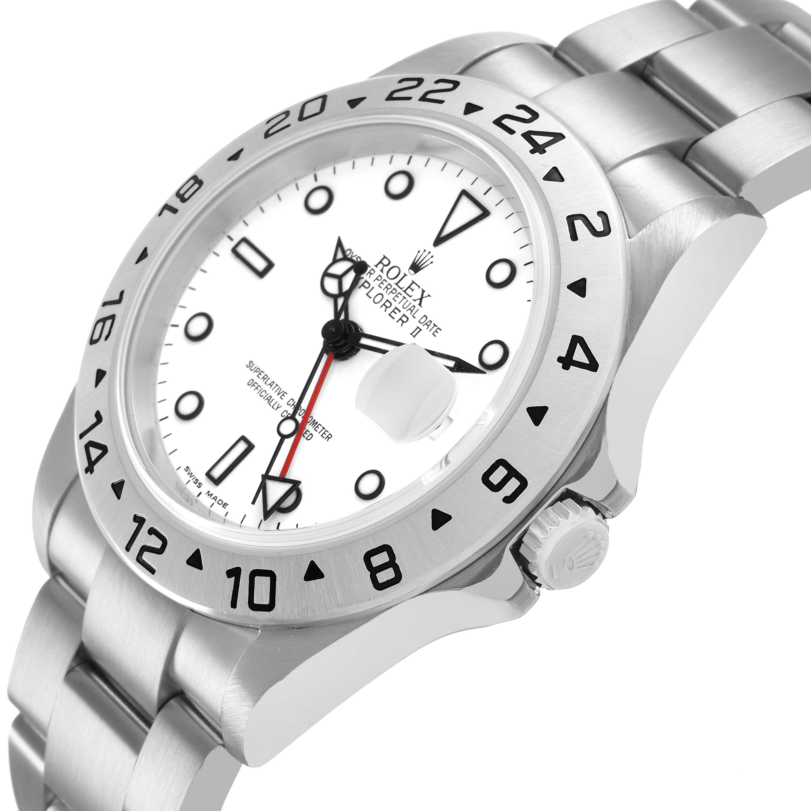 The Rolex Explorer 16570 Men's Stainless Steel White Dial watch is shown at an angle displaying the face, bezel, crown, and bracelet links.