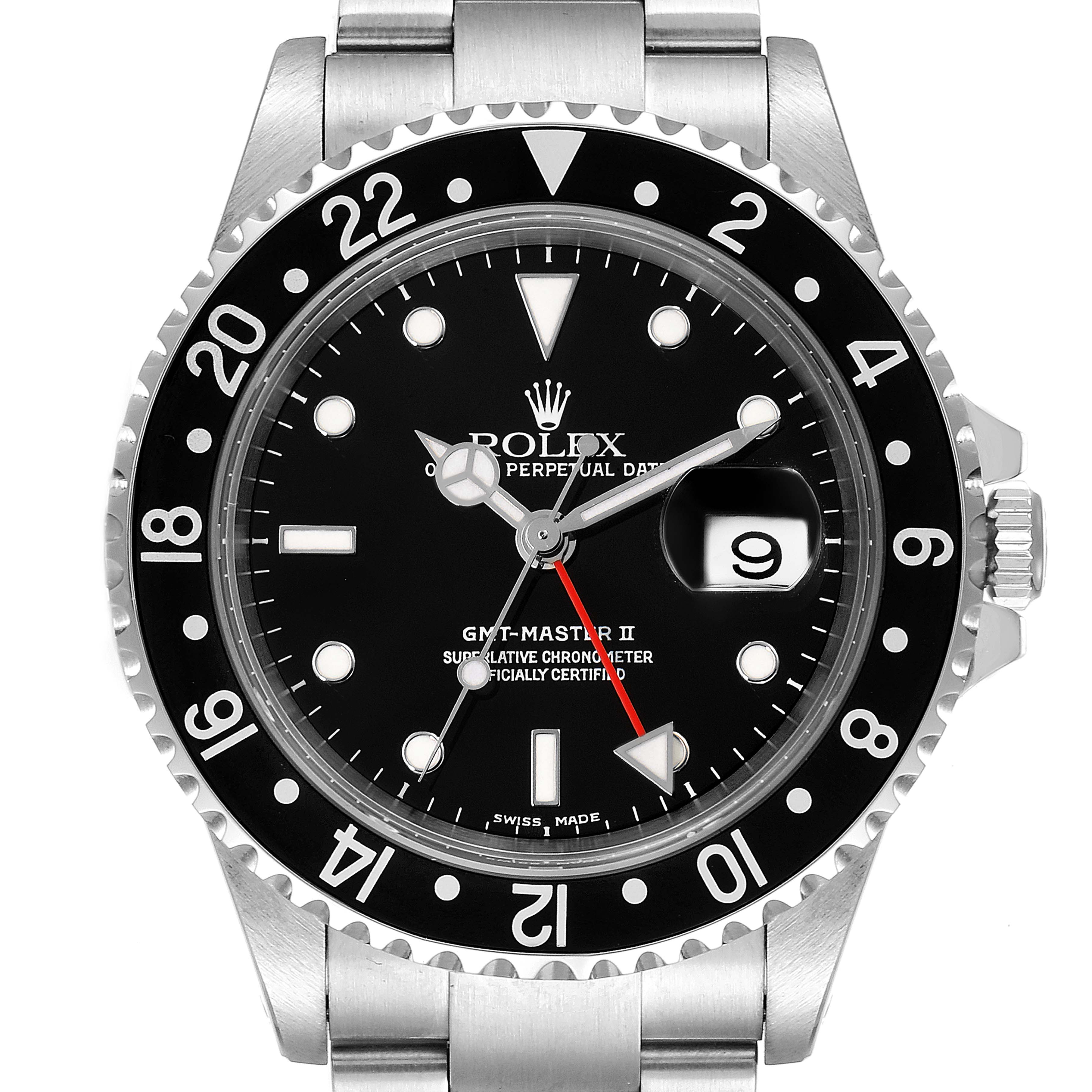 The image shows a front view of a Rolex GMT-Master 16710 Men's Stainless Steel Black Dial 16710 Men's Stainless Steel Black Dial II watch, highlighting the bezel, dial, hands, and bracelet.