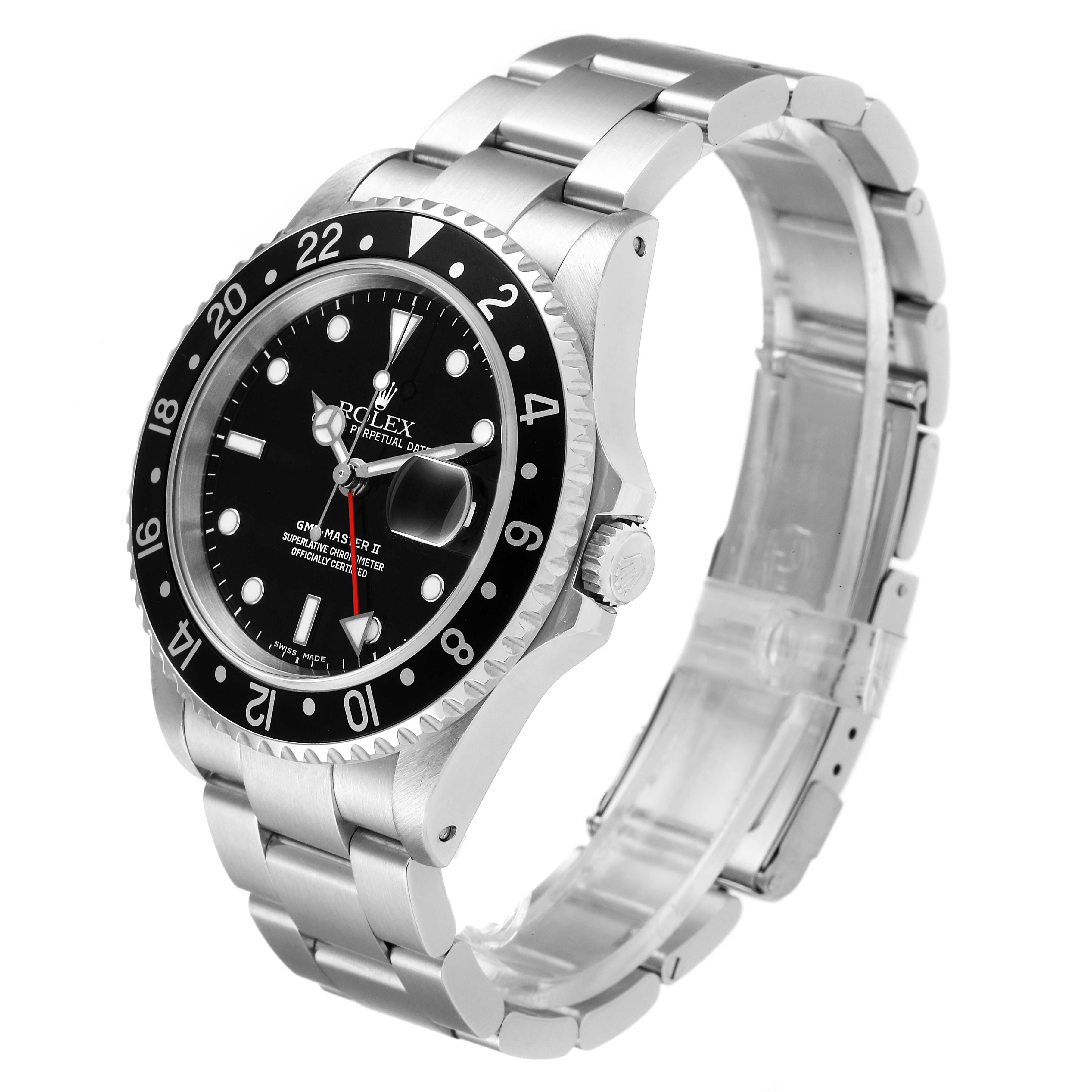 This image shows a side angle of a Rolex GMT-Master 16710 Men's Stainless Steel Black Dial 16710 Men's Stainless Steel Black Dial II watch, highlighting its black dial, bezel, and stainless steel bracelet.