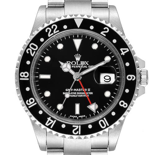 This image shows a front view of the Rolex GMT-Master II watch, highlighting its black dial, bezel, and stainless steel case.