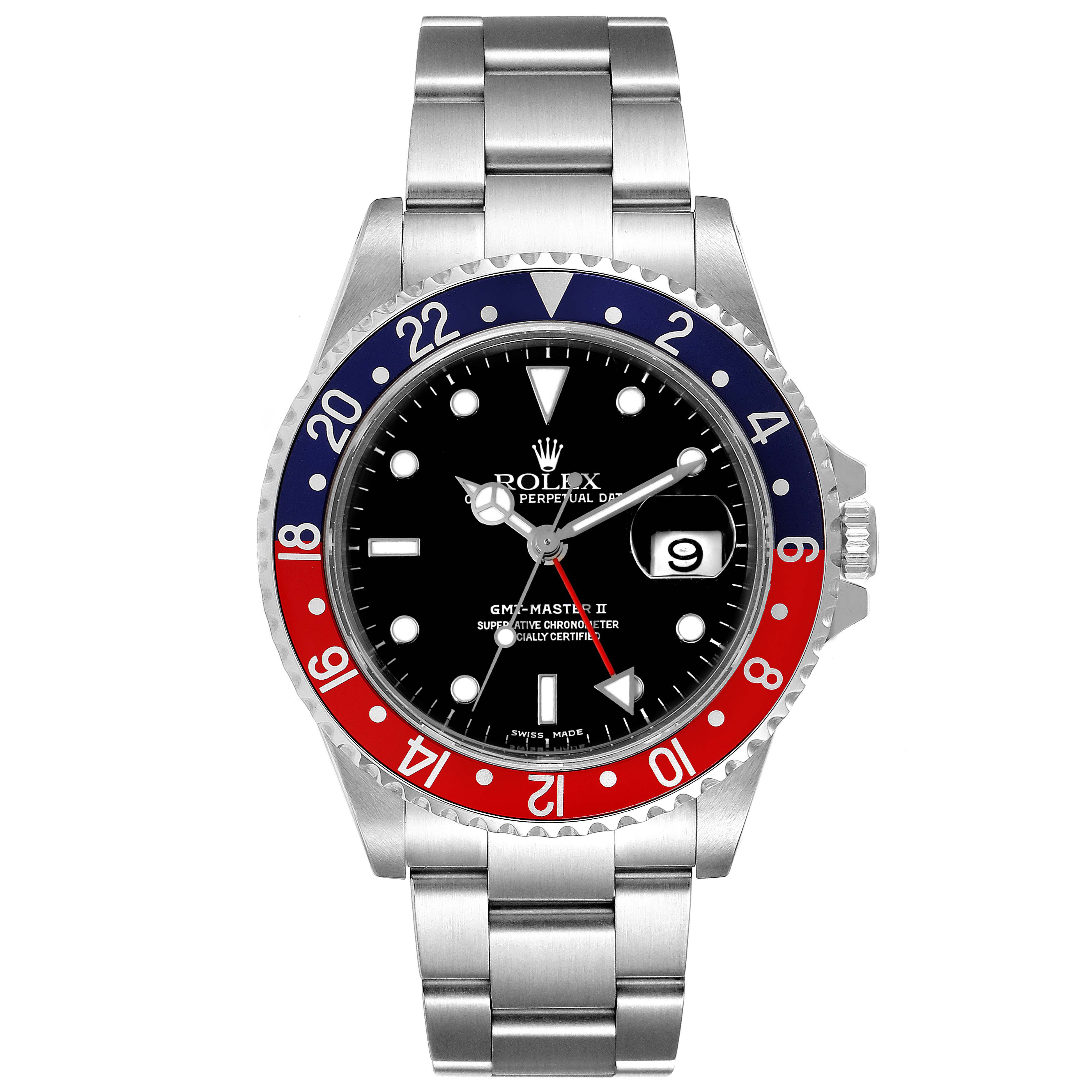 The image shows a front view of a Rolex GMT-Master 16710 Men
s Stainless Steel Black Dial 16710 Men
s Stainless Steel Black Dial II watch, highlighting the dial, bezel, and stainless steel bracelet.
