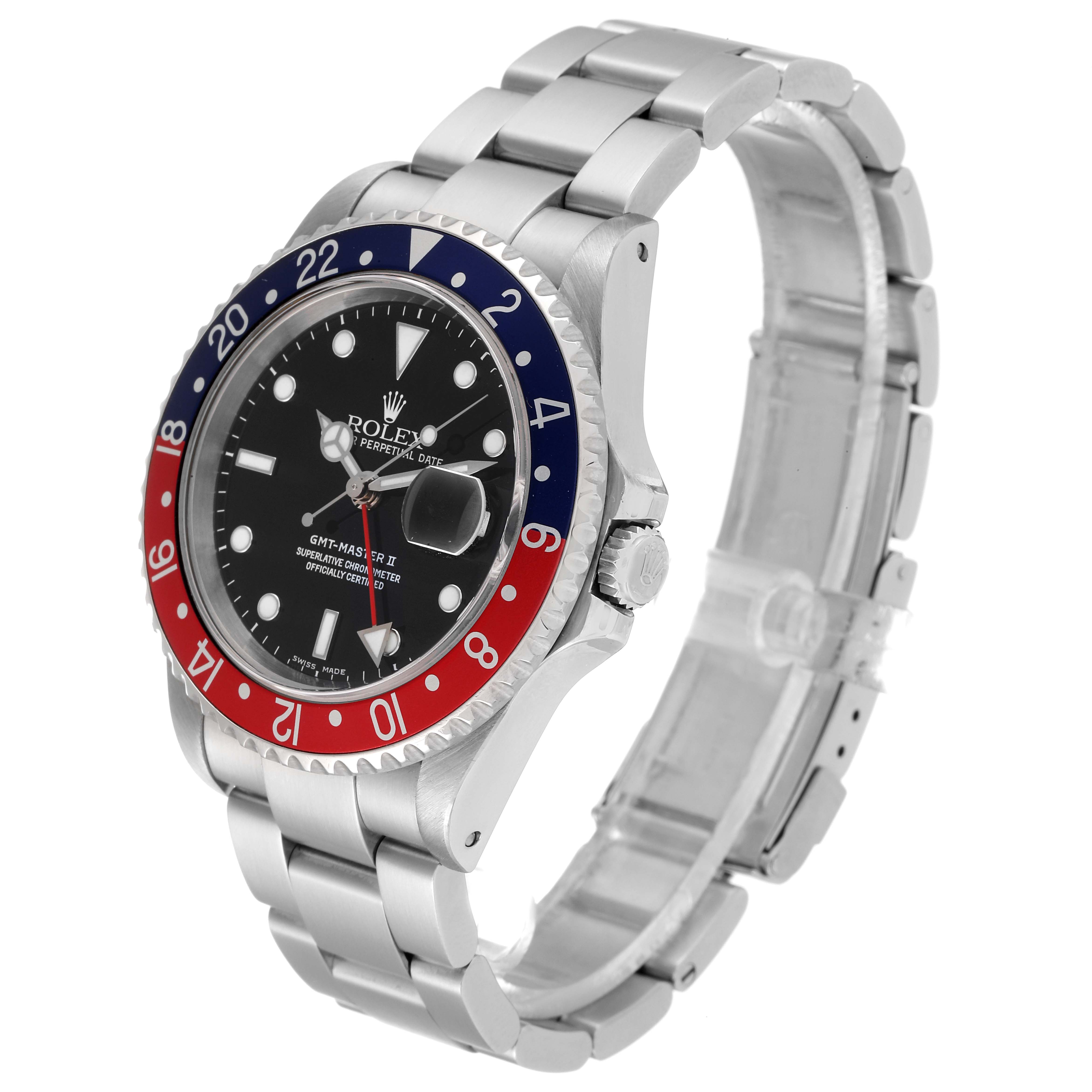 This image shows a side and front view of a Rolex GMT-Master 16710 Men
s Stainless Steel Black Dial 16710 Men
s Stainless Steel Black Dial II watch with a black dial, red and blue bezel, and a metal bracelet.