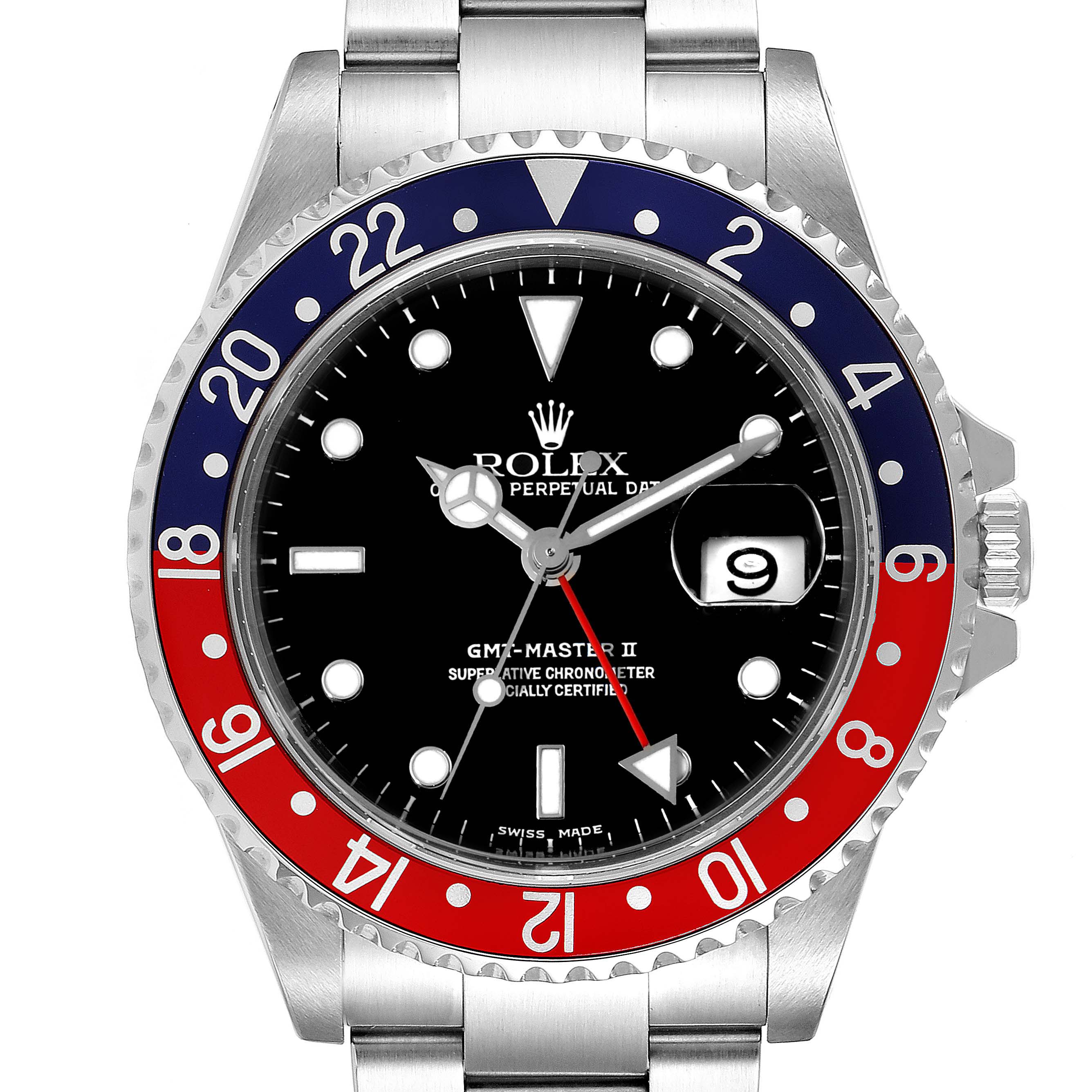 The image shows a frontal view of a Rolex GMT-Master 16710 Men
s Stainless Steel Black Dial 16710 Men
s Stainless Steel Black Dial II watch, highlighting its dial, bezel, and part of the bracelet.