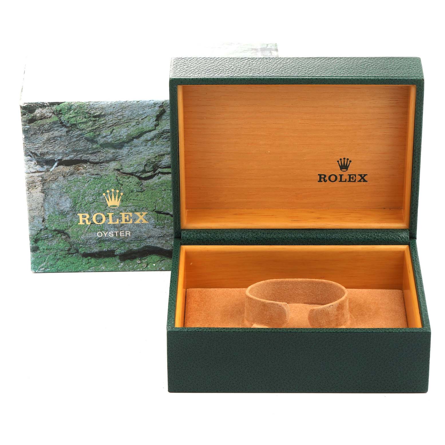 The image shows an open Rolex GMT-Master 16710 Men
s Stainless Steel Black Dial 16710 Men
s Stainless Steel Black Dial watch box with a green and wooden design, showing an inner cushion.