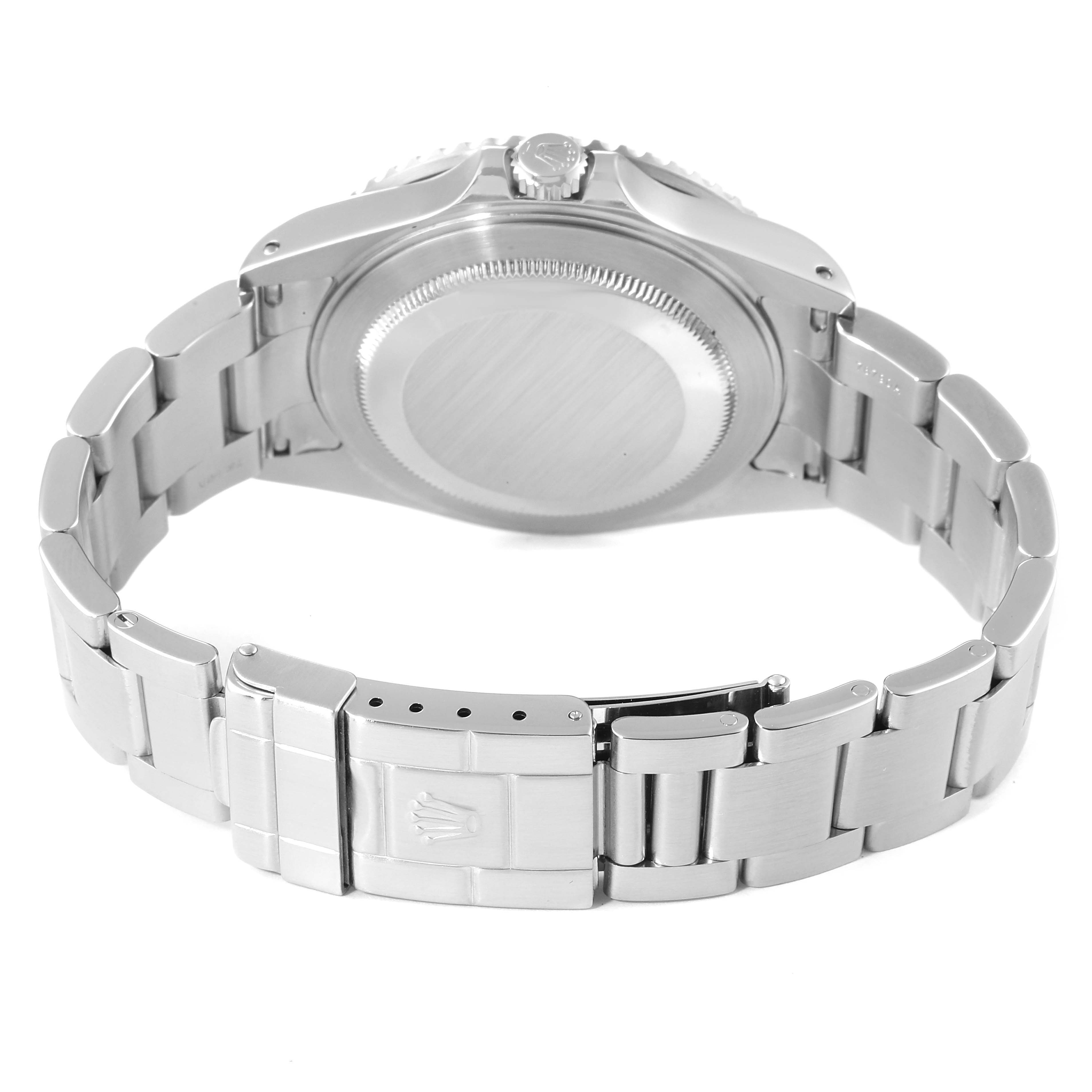 This image shows the back case and bracelet clasp of a Rolex GMT-Master 16710 Men
s Stainless Steel Black Dial 16710 Men
s Stainless Steel Black Dial watch from a rear angle.