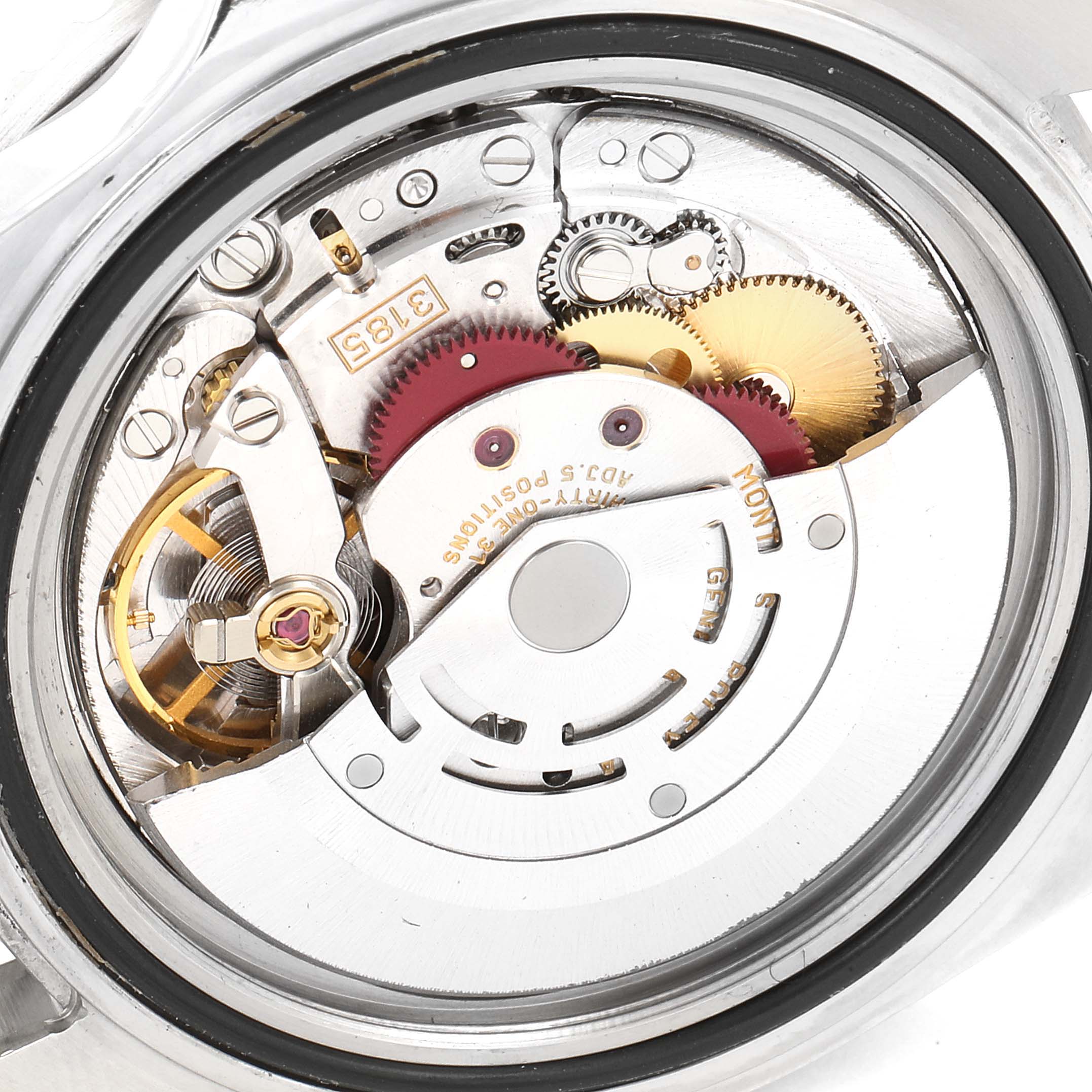 The image displays the internal mechanical movement of a Rolex GMT-Master 16710 Men
s Stainless Steel Black Dial 16710 Men
s Stainless Steel Black Dial watch from a rear angle.