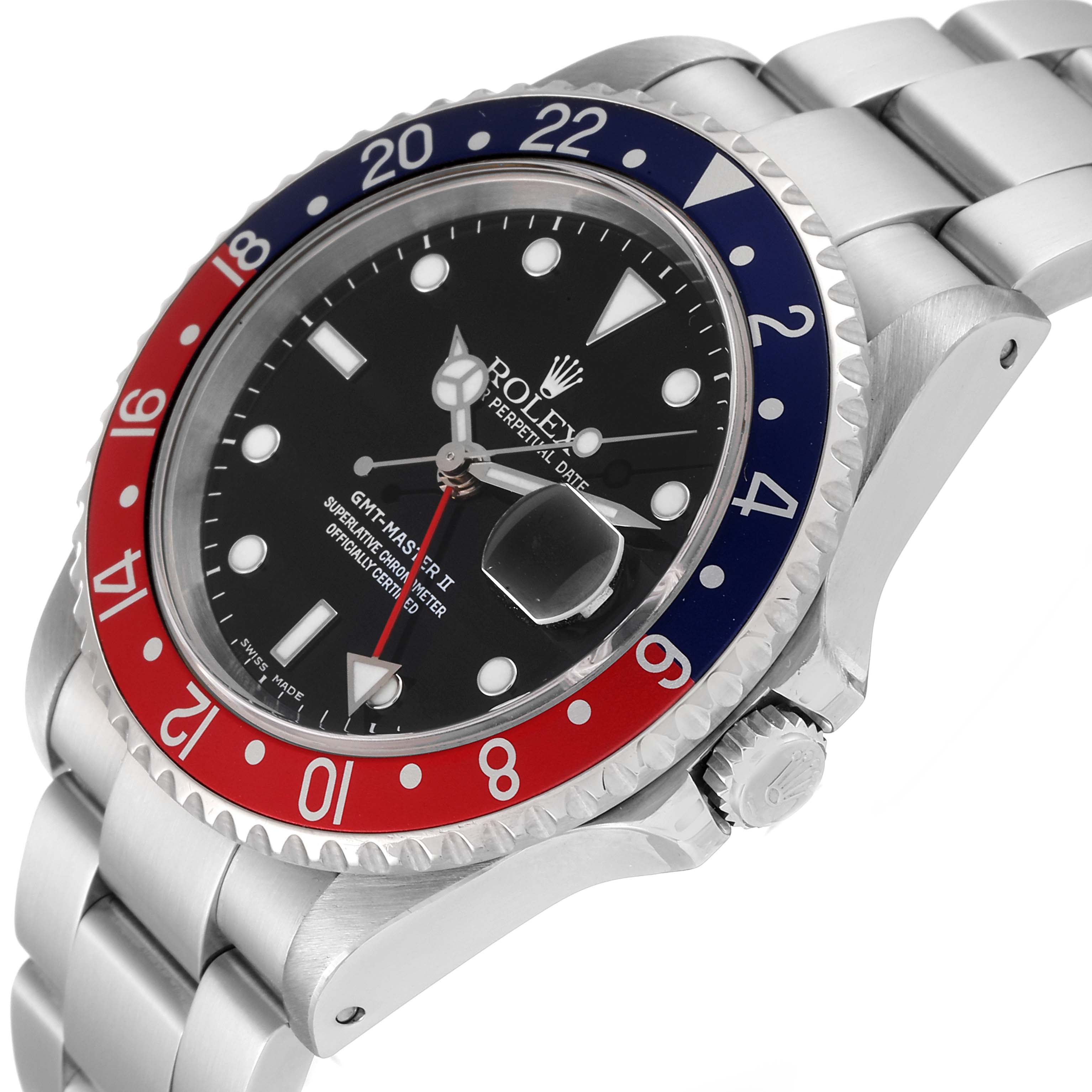 The image shows a side view of a Rolex GMT-Master 16710 Men
s Stainless Steel Black Dial 16710 Men
s Stainless Steel Black Dial watch, highlighting its bezel, dial, crown, and bracelet.