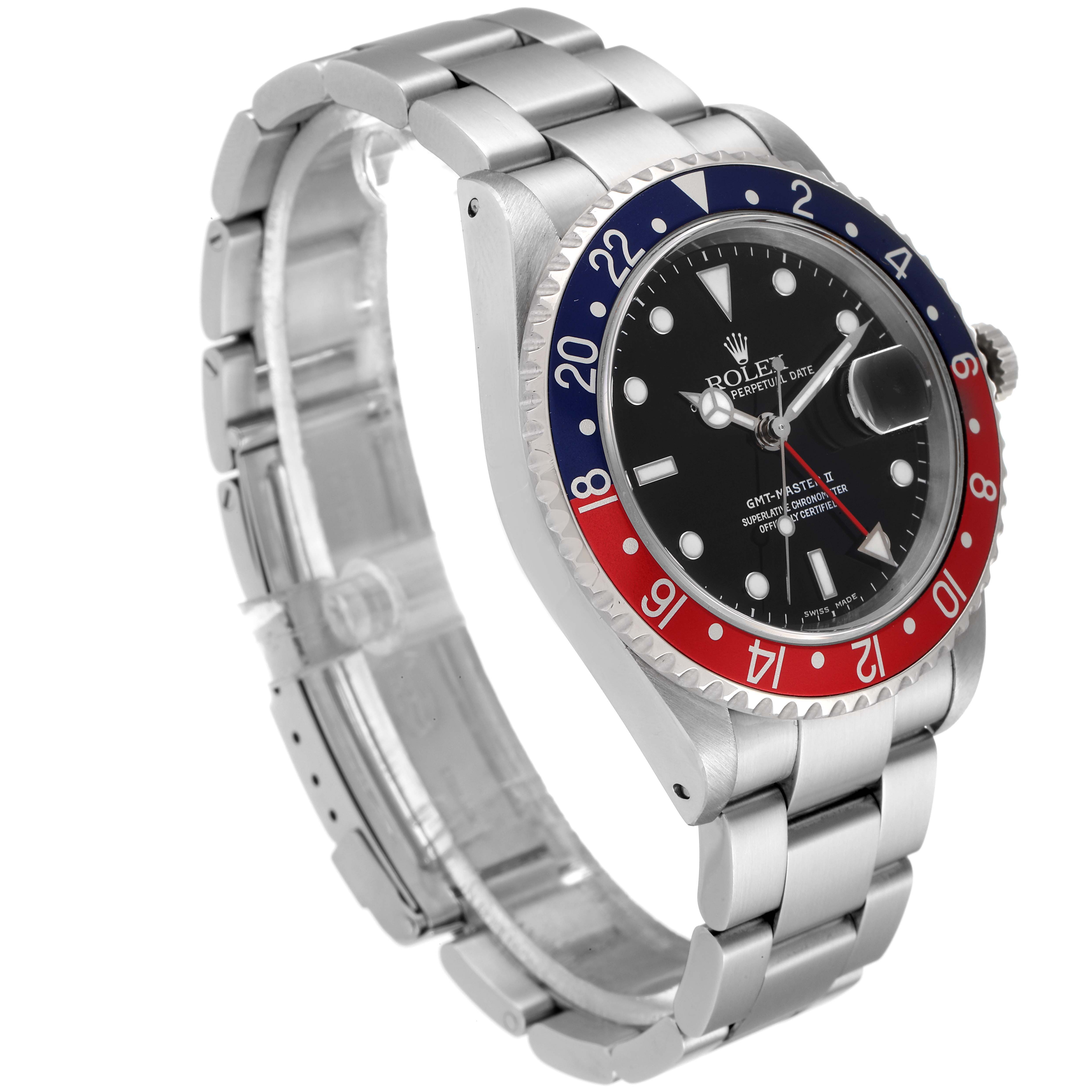 This image shows a side angle of a Rolex GMT-Master 16710 Men
s Stainless Steel Black Dial 16710 Men
s Stainless Steel Black Dial watch with the face, bezel, crown, and bracelet visible.